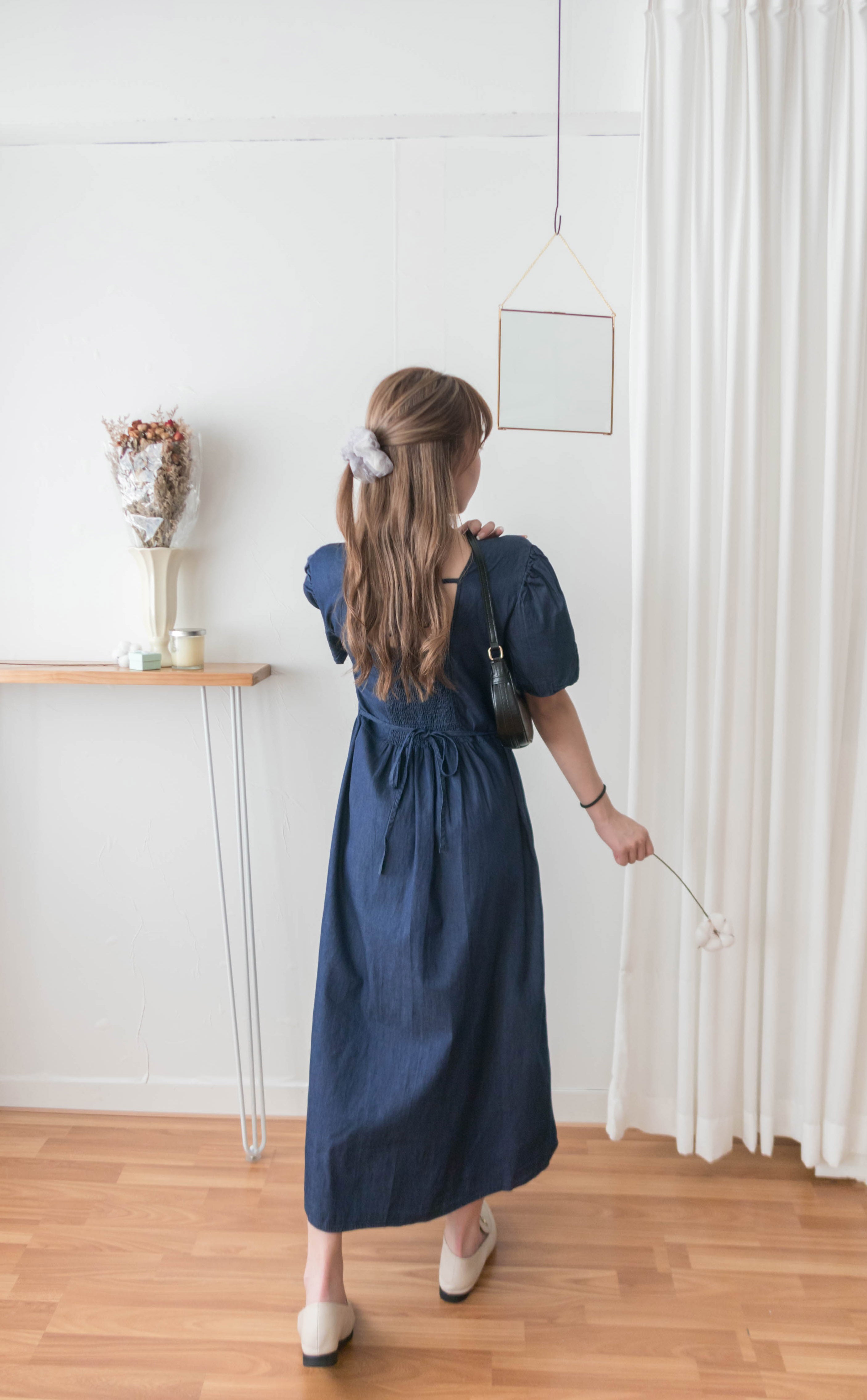 Denim Ribbon 後橡筋蝴蝶腰間車皺牛仔裙, Dress/ DS9338 (售完即止款)