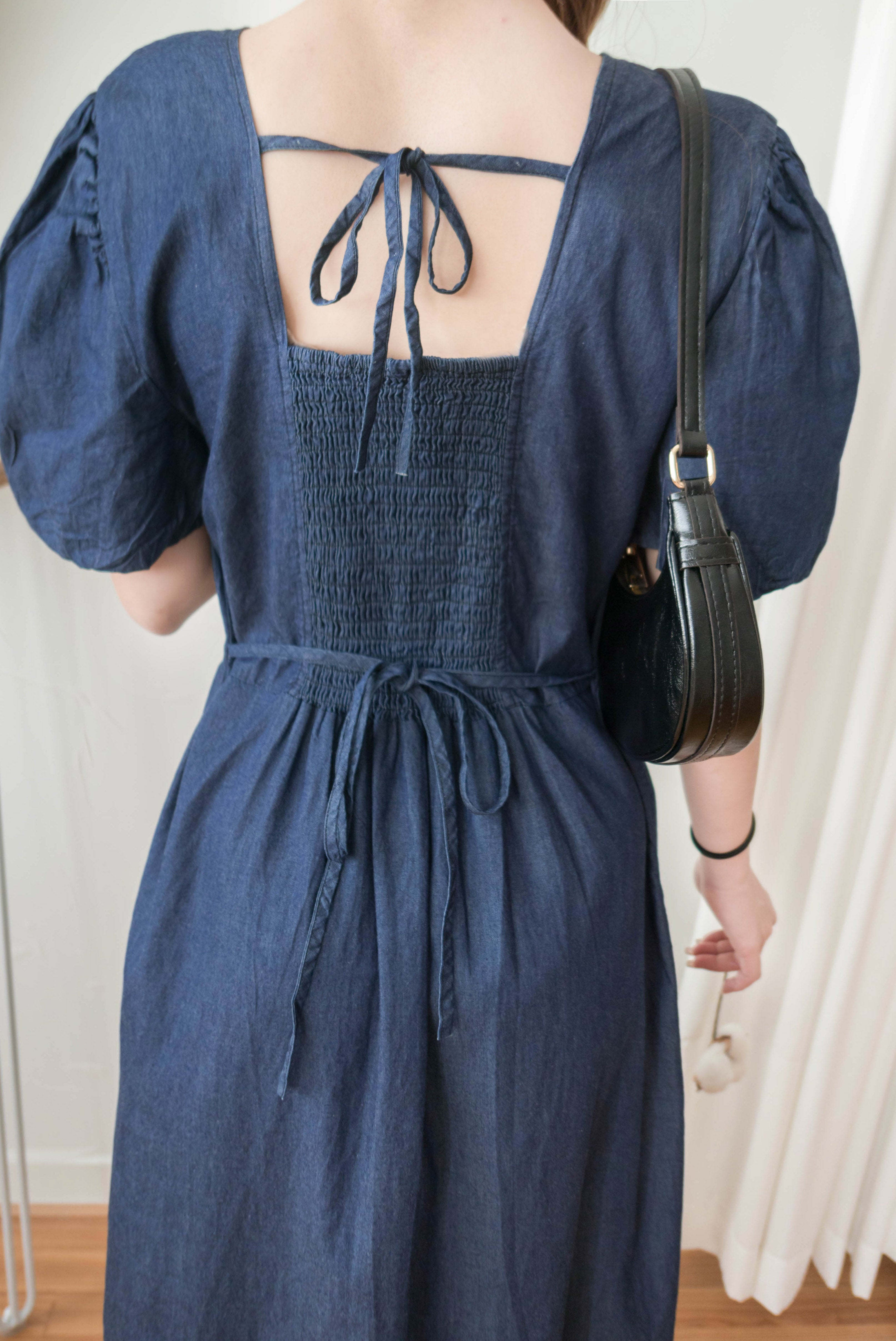 Denim Ribbon 後橡筋蝴蝶腰間車皺牛仔裙, Dress/ DS9338 (售完即止款)