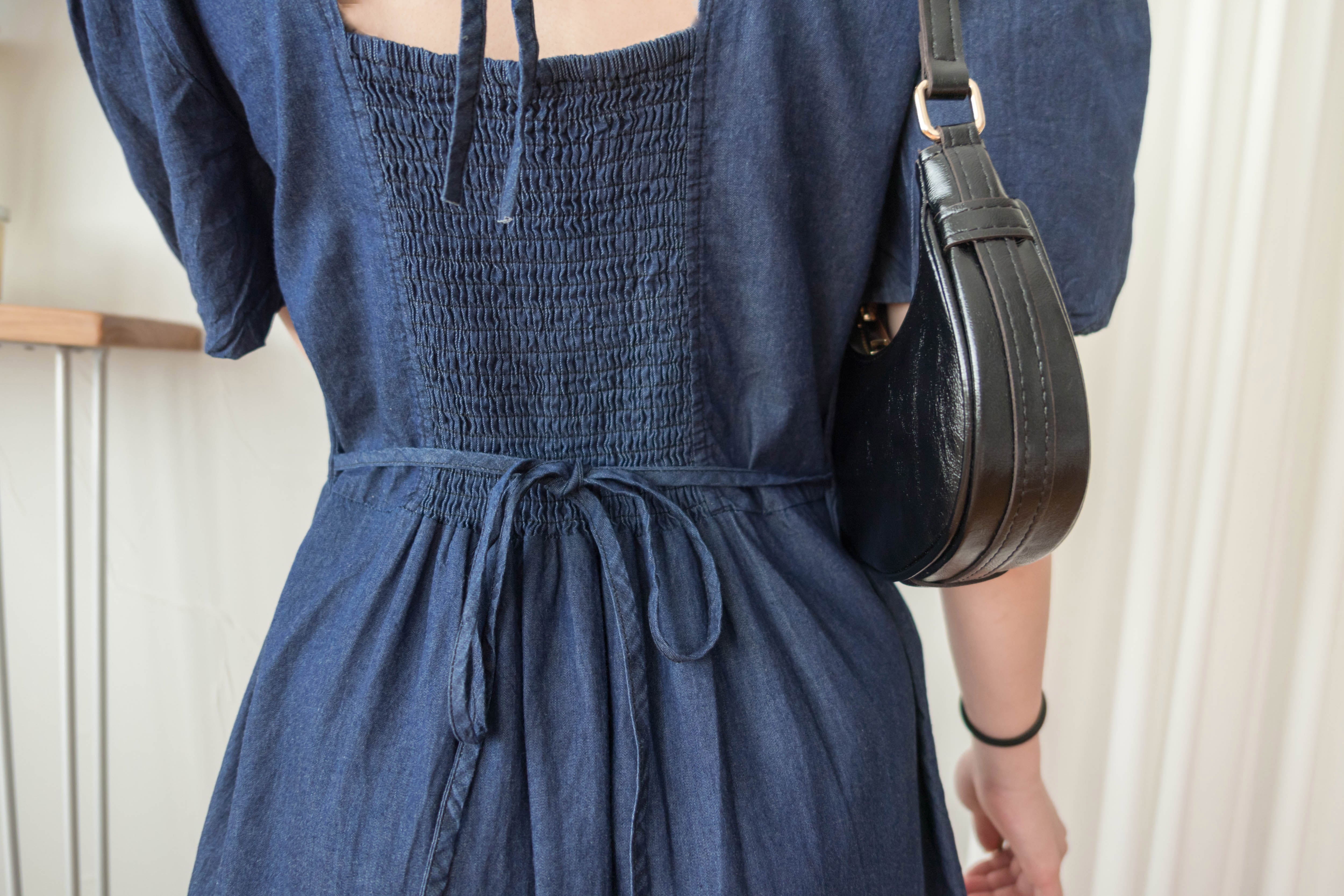 Denim Ribbon 後橡筋蝴蝶腰間車皺牛仔裙, Dress/ DS9338 (售完即止款)