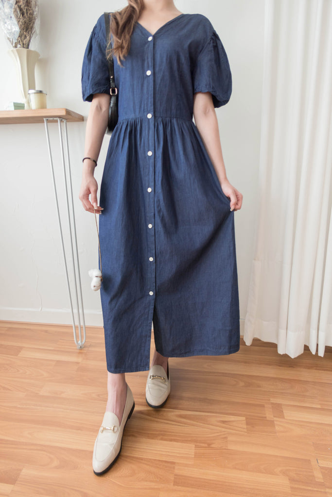 Denim Ribbon 後橡筋蝴蝶腰間車皺牛仔裙, Dress/ DS9338 (售完即止款)