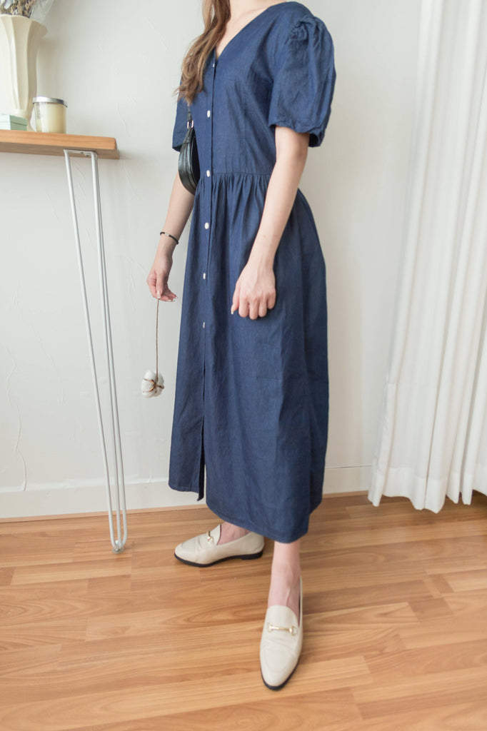 Denim Ribbon 後橡筋蝴蝶腰間車皺牛仔裙, Dress/ DS9338 (售完即止款)