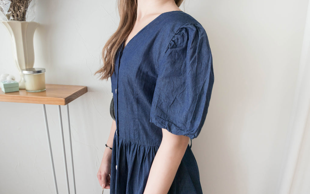 Denim Ribbon 後橡筋蝴蝶腰間車皺牛仔裙, Dress/ DS9338 (售完即止款)