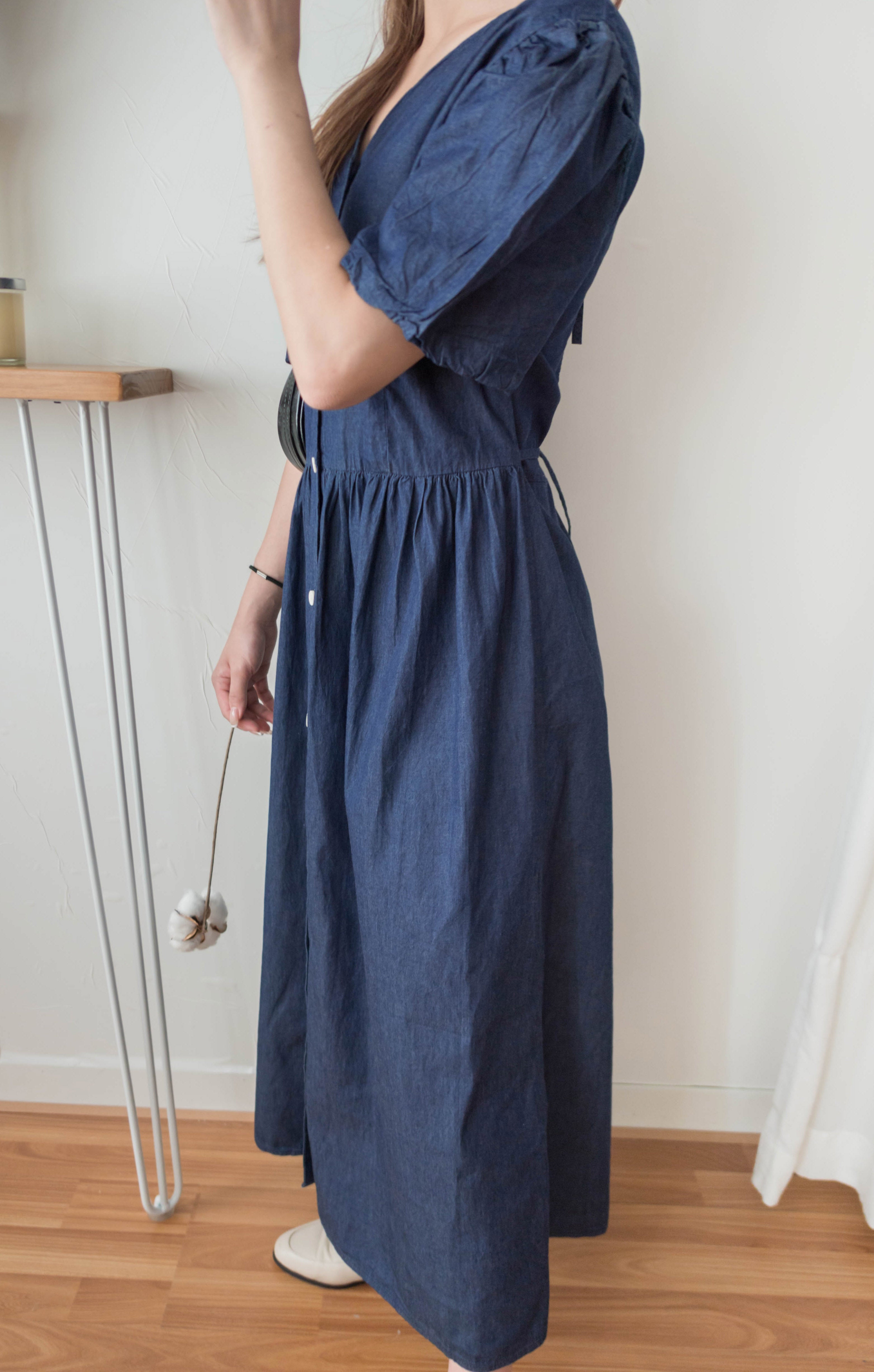 Denim Ribbon 後橡筋蝴蝶腰間車皺牛仔裙, Dress/ DS9338 (售完即止款)