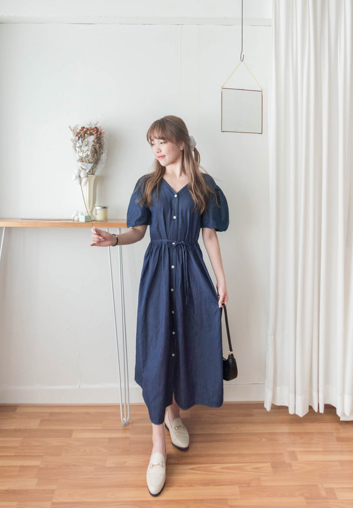 Denim Ribbon 後橡筋蝴蝶腰間車皺牛仔裙, Dress/ DS9338 (售完即止款)