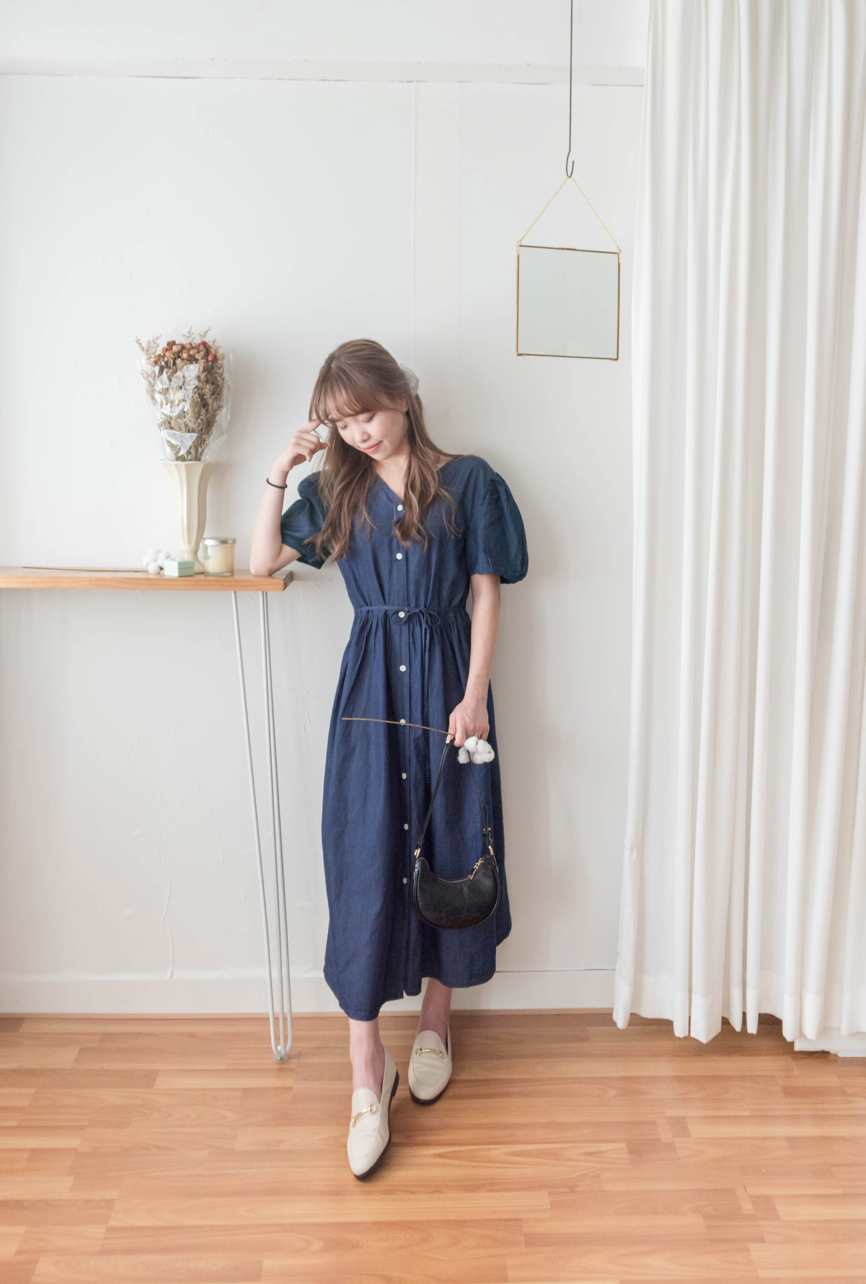 Denim Ribbon 後橡筋蝴蝶腰間車皺牛仔裙, Dress/ DS9338 (售完即止款)