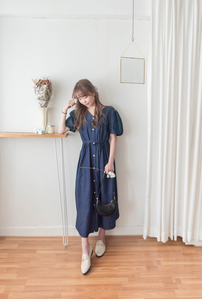 Denim Ribbon 後橡筋蝴蝶腰間車皺牛仔裙, Dress/ DS9338 (售完即止款)