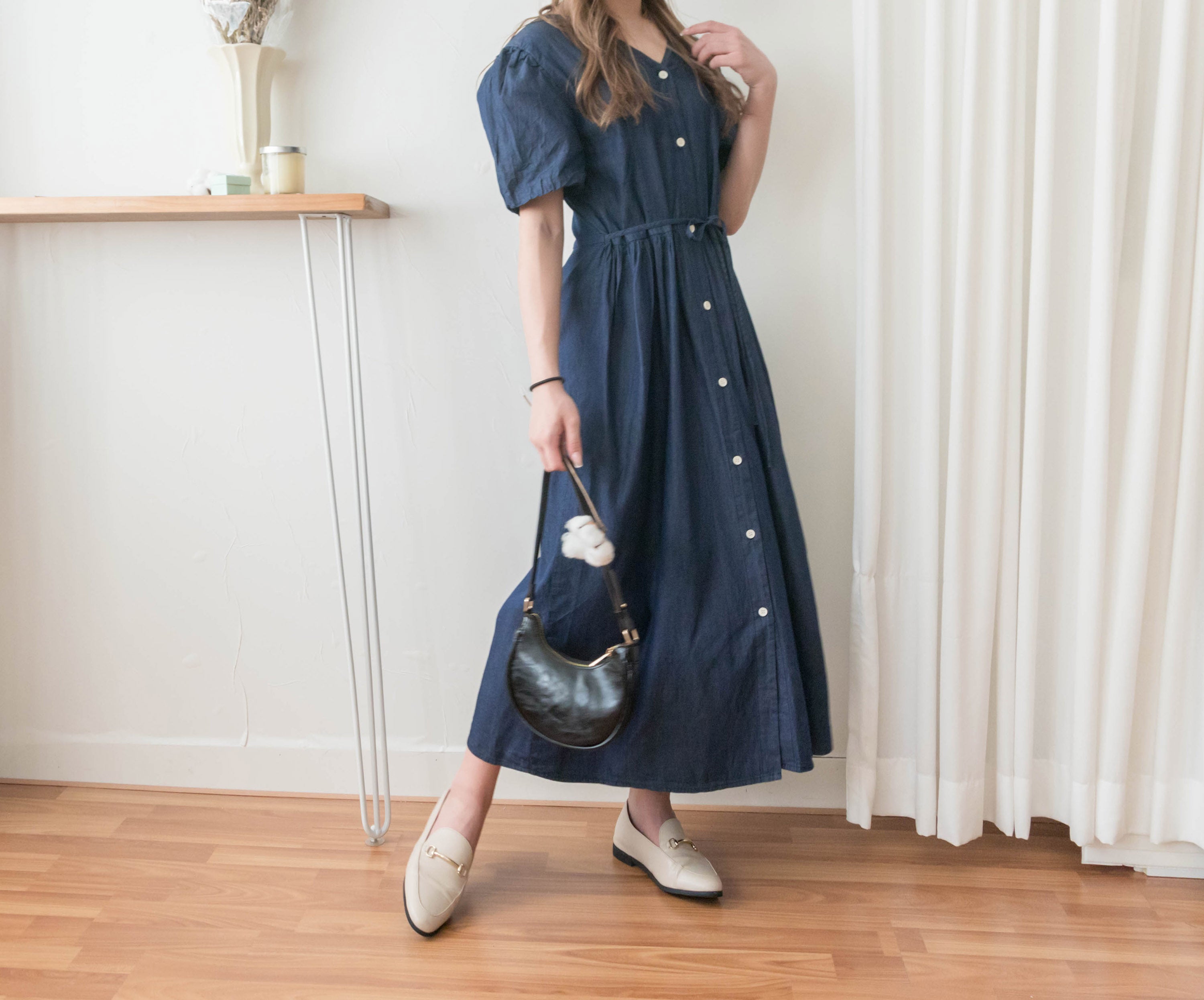 Denim Ribbon 後橡筋蝴蝶腰間車皺牛仔裙, Dress/ DS9338 (售完即止款)