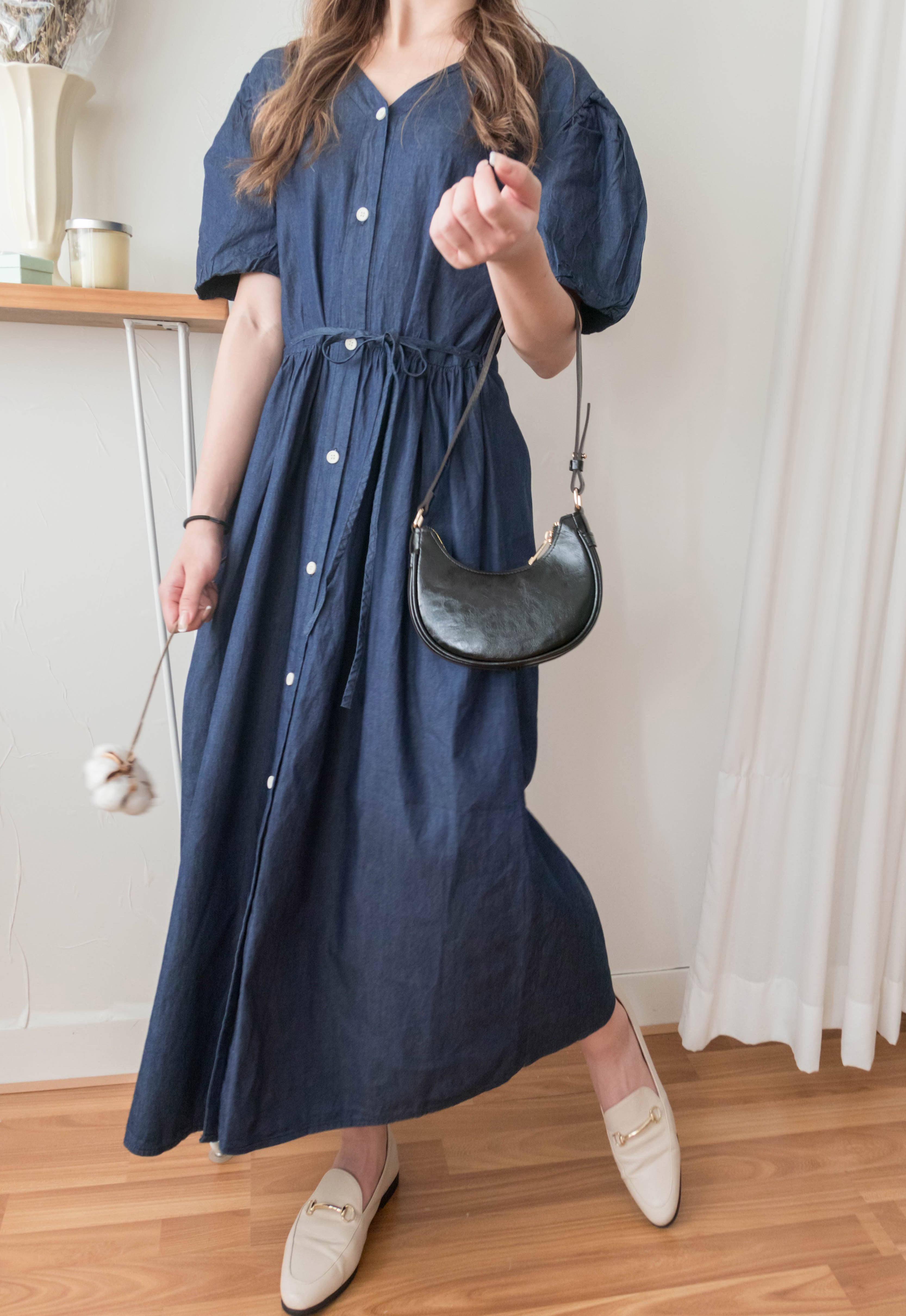 Denim Ribbon 後橡筋蝴蝶腰間車皺牛仔裙, Dress/ DS9338 (售完即止款)