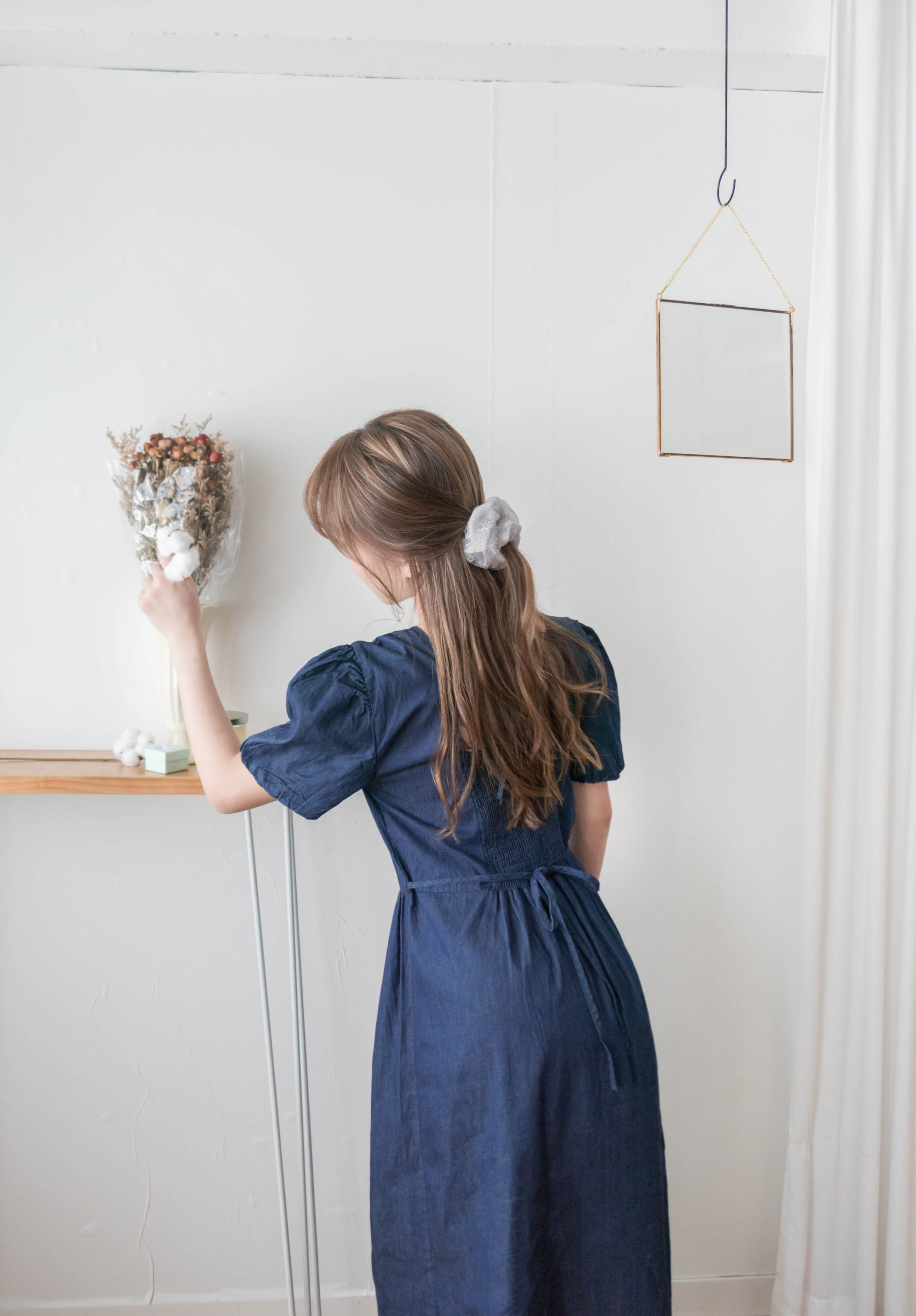 Denim Ribbon 後橡筋蝴蝶腰間車皺牛仔裙, Dress/ DS9338 (售完即止款)
