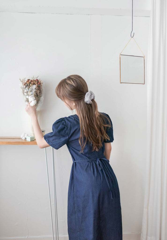 Denim Ribbon 後橡筋蝴蝶腰間車皺牛仔裙, Dress/ DS9338 (售完即止款)