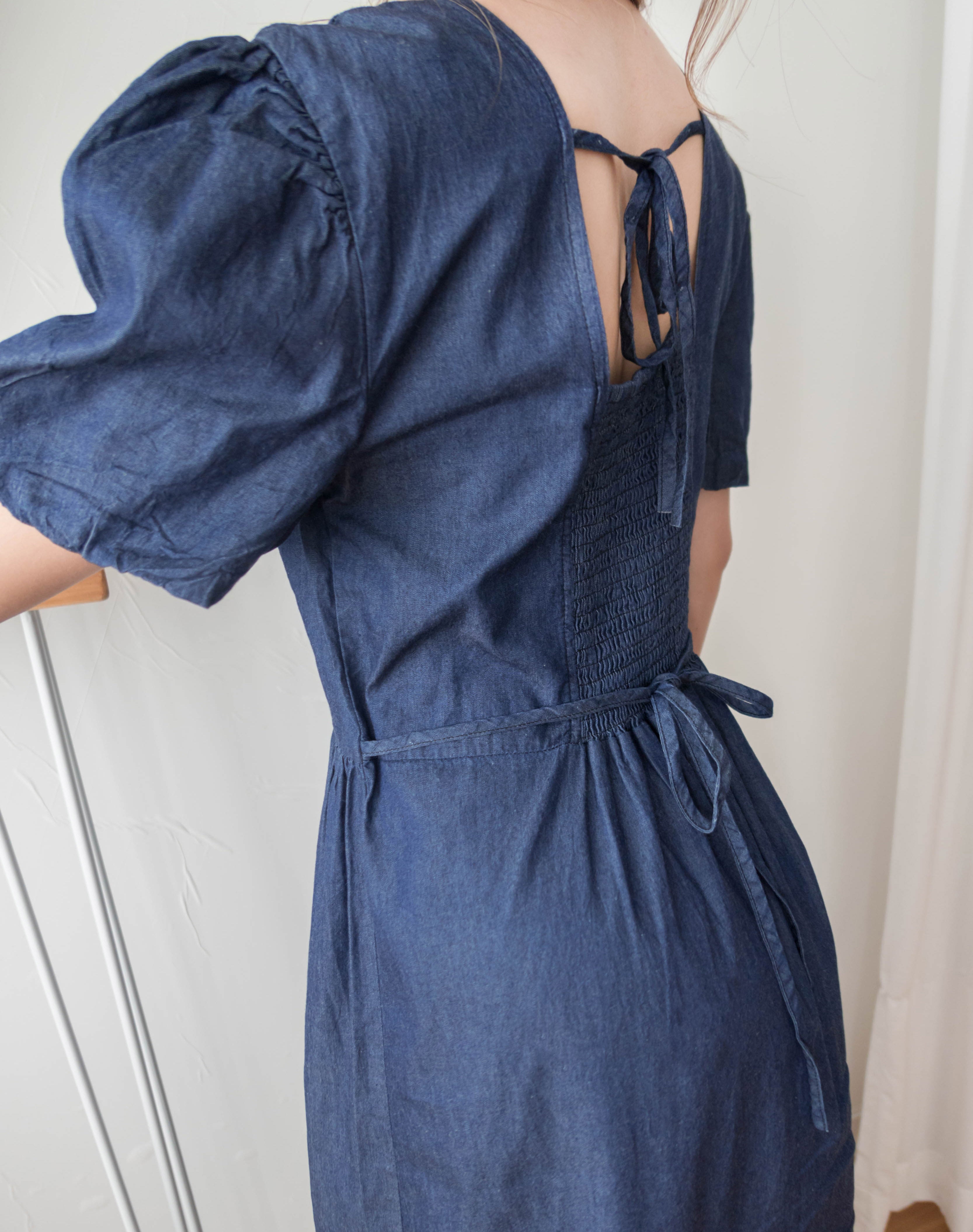 Denim Ribbon 後橡筋蝴蝶腰間車皺牛仔裙, Dress/ DS9338 (售完即止款)