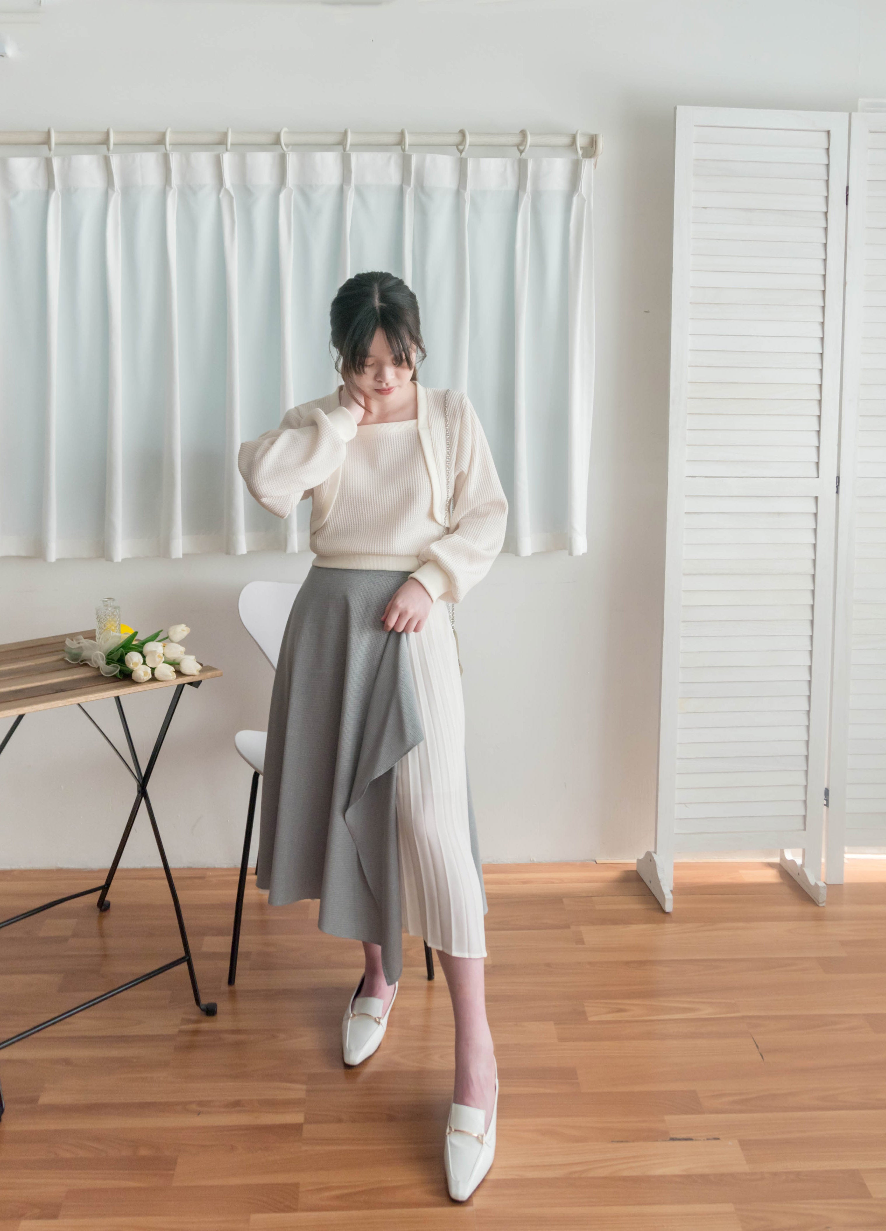 Spliced Chiffon 雪紡飄逸格子拼百褶假側腰帶半身裙, Skirt/ SK8744