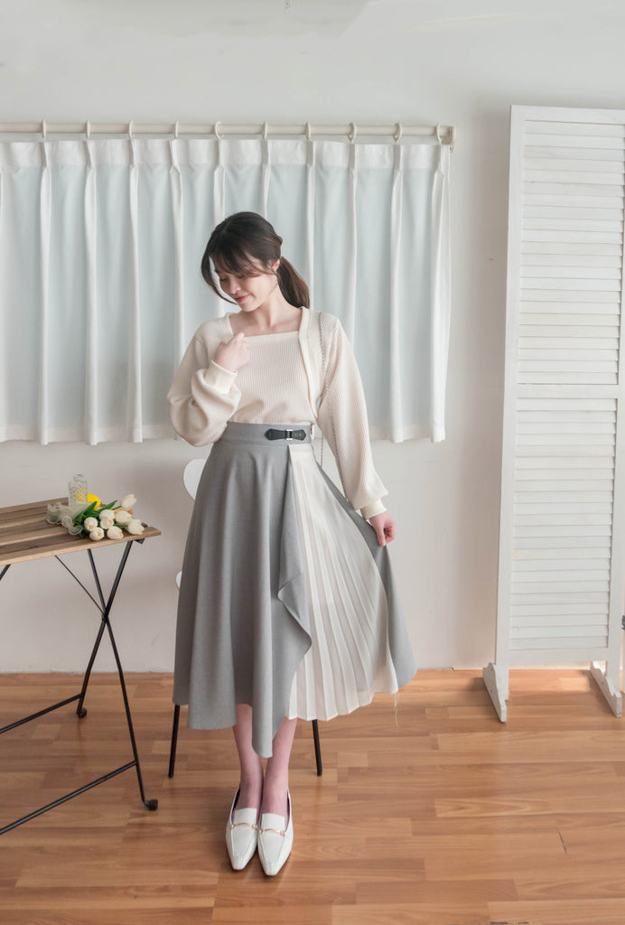 Spliced Chiffon 雪紡飄逸格子拼百褶假側腰帶半身裙, Skirt/ SK8744