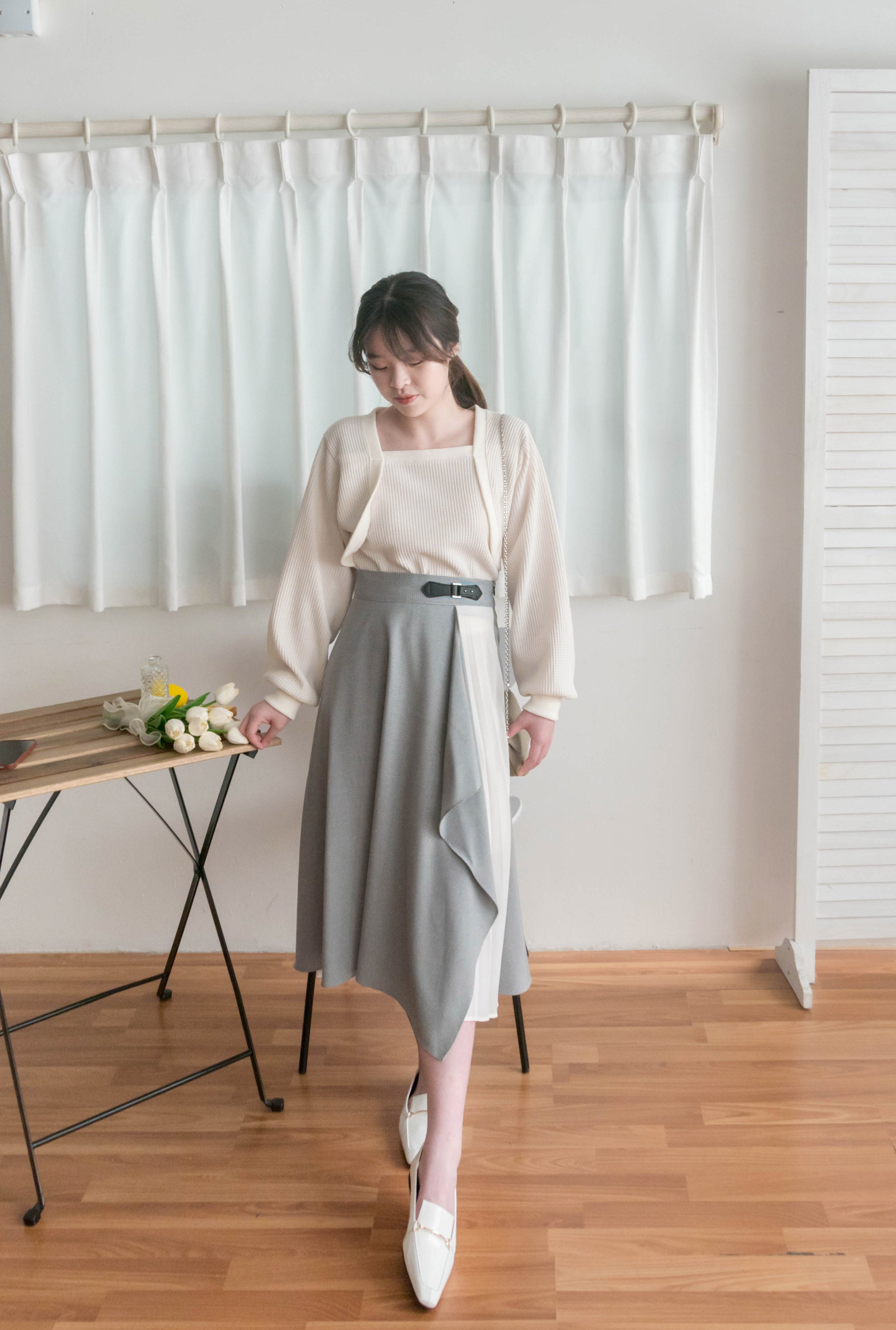 Spliced Chiffon 雪紡飄逸格子拼百褶假側腰帶半身裙, Skirt/ SK8744