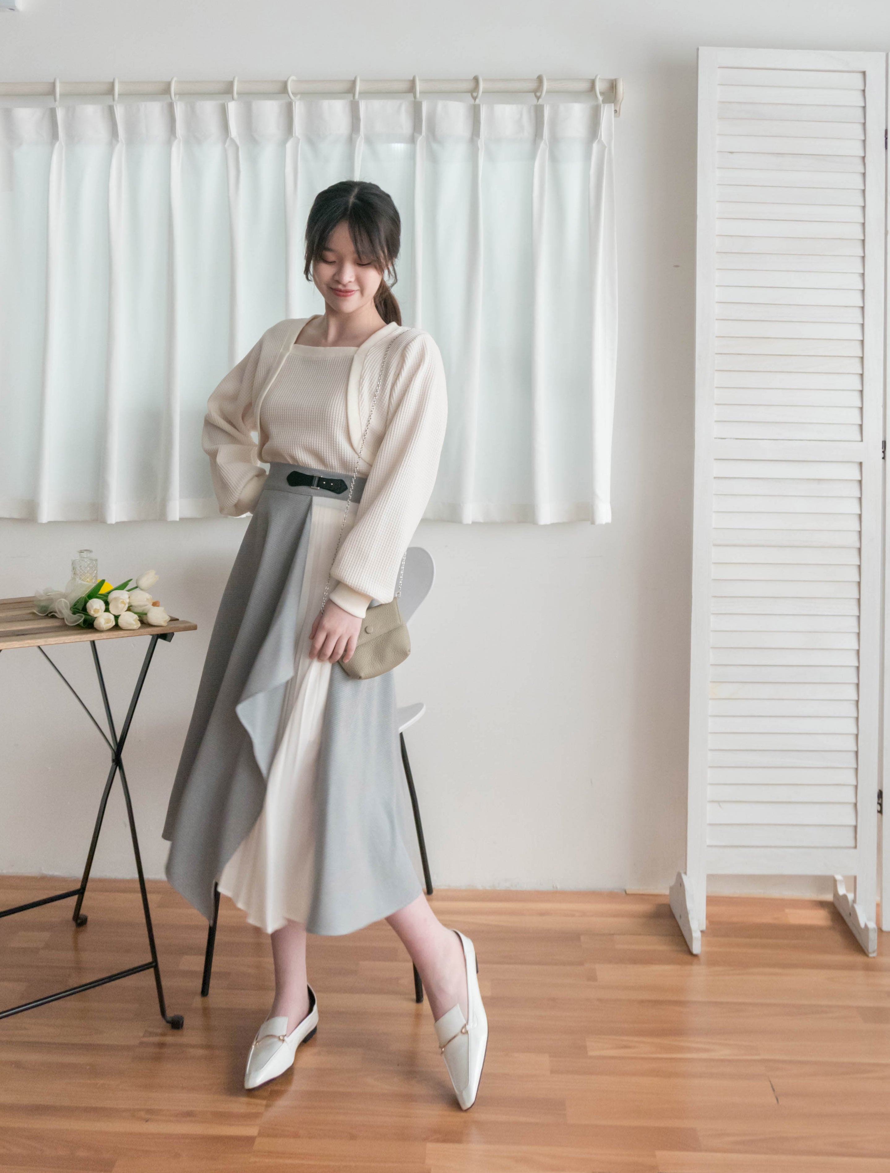 Spliced Chiffon 雪紡飄逸格子拼百褶假側腰帶半身裙, Skirt/ SK8744