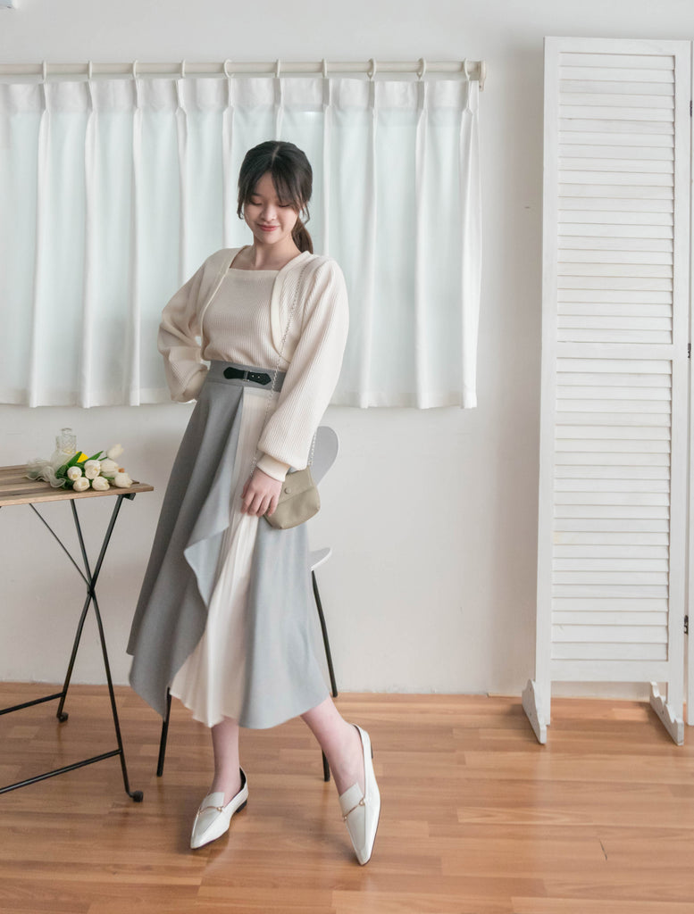 Spliced Chiffon 雪紡飄逸格子拼百褶假側腰帶半身裙, Skirt/ SK8744