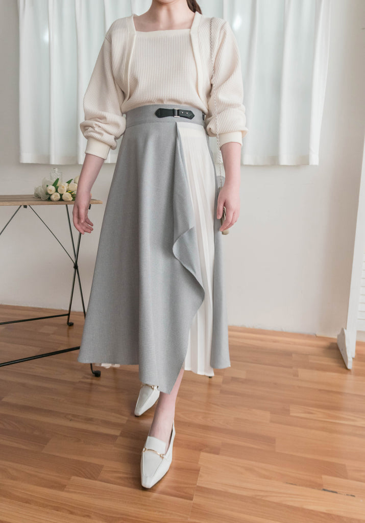 Spliced Chiffon 雪紡飄逸格子拼百褶假側腰帶半身裙, Skirt/ SK8744