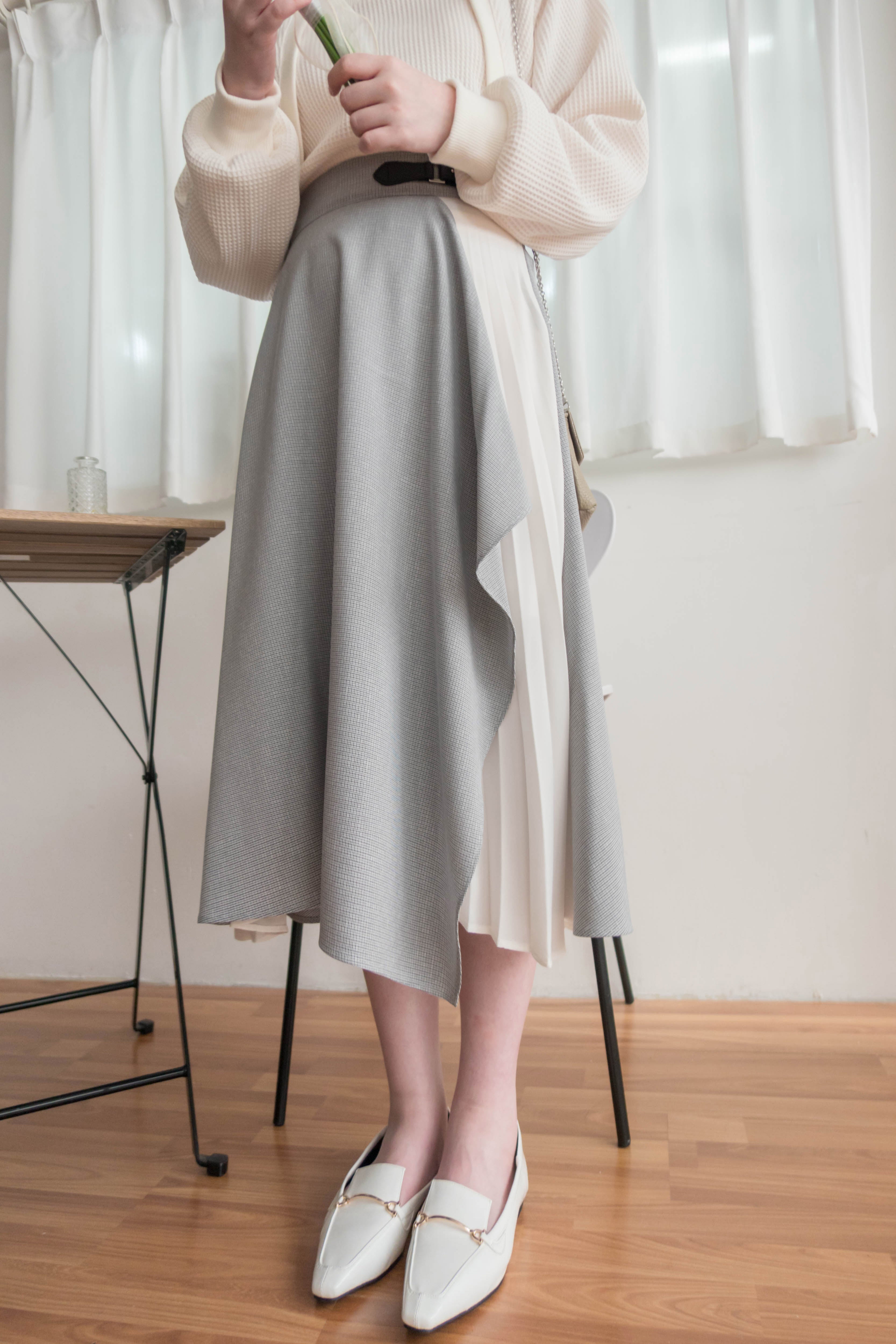 Spliced Chiffon 雪紡飄逸格子拼百褶假側腰帶半身裙, Skirt/ SK8744