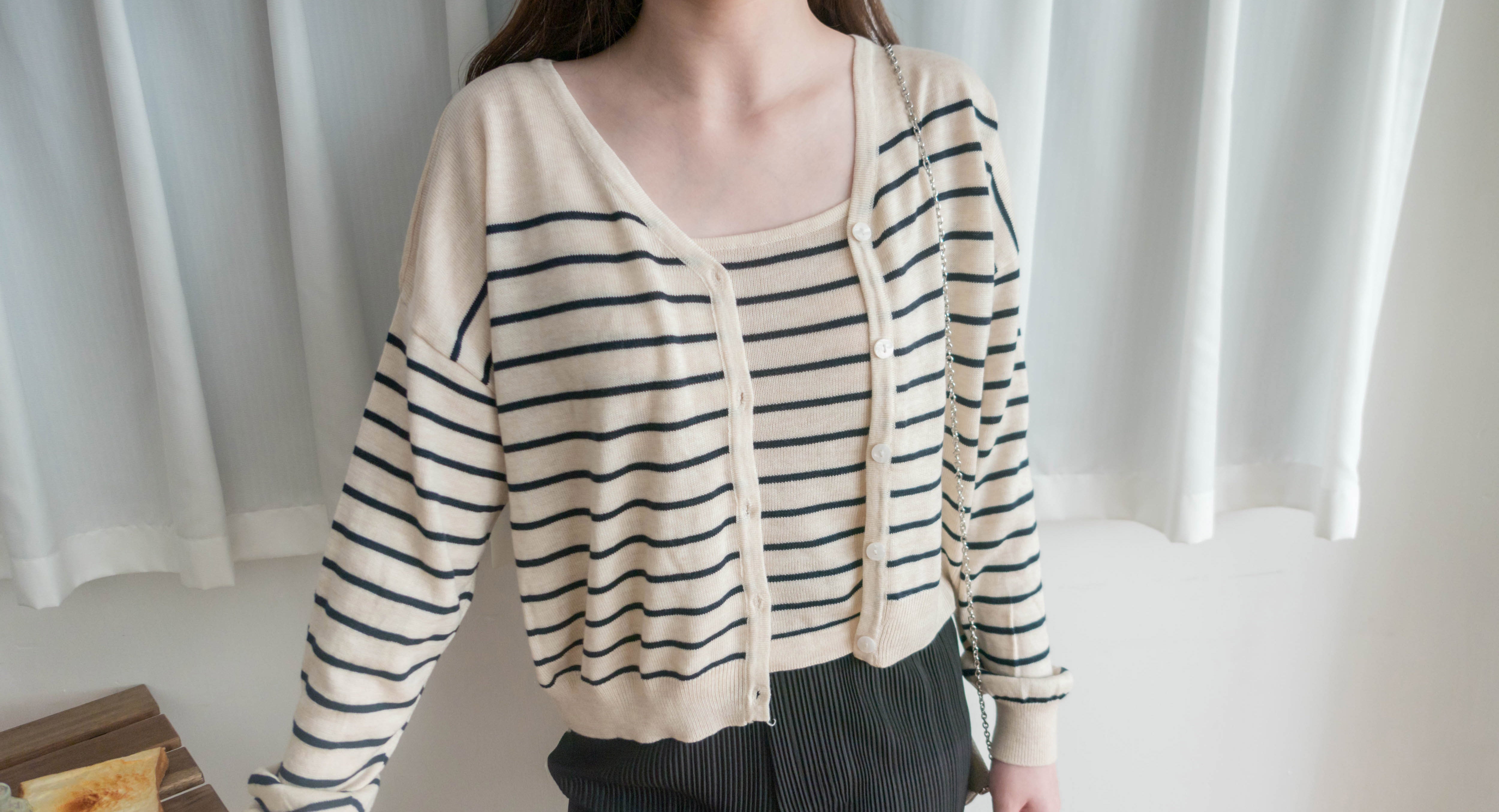 Stripe Set 棉線料平領吊帶連外套, Set/ TP8902 (ivory sold out)