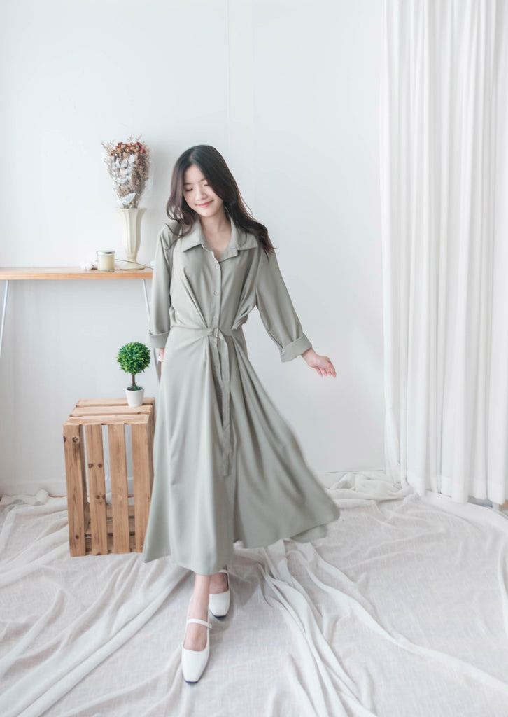 Mint Shirt 薄荷綠側修腰飄逸裙擺恤衫裙, Dress/ DS9344