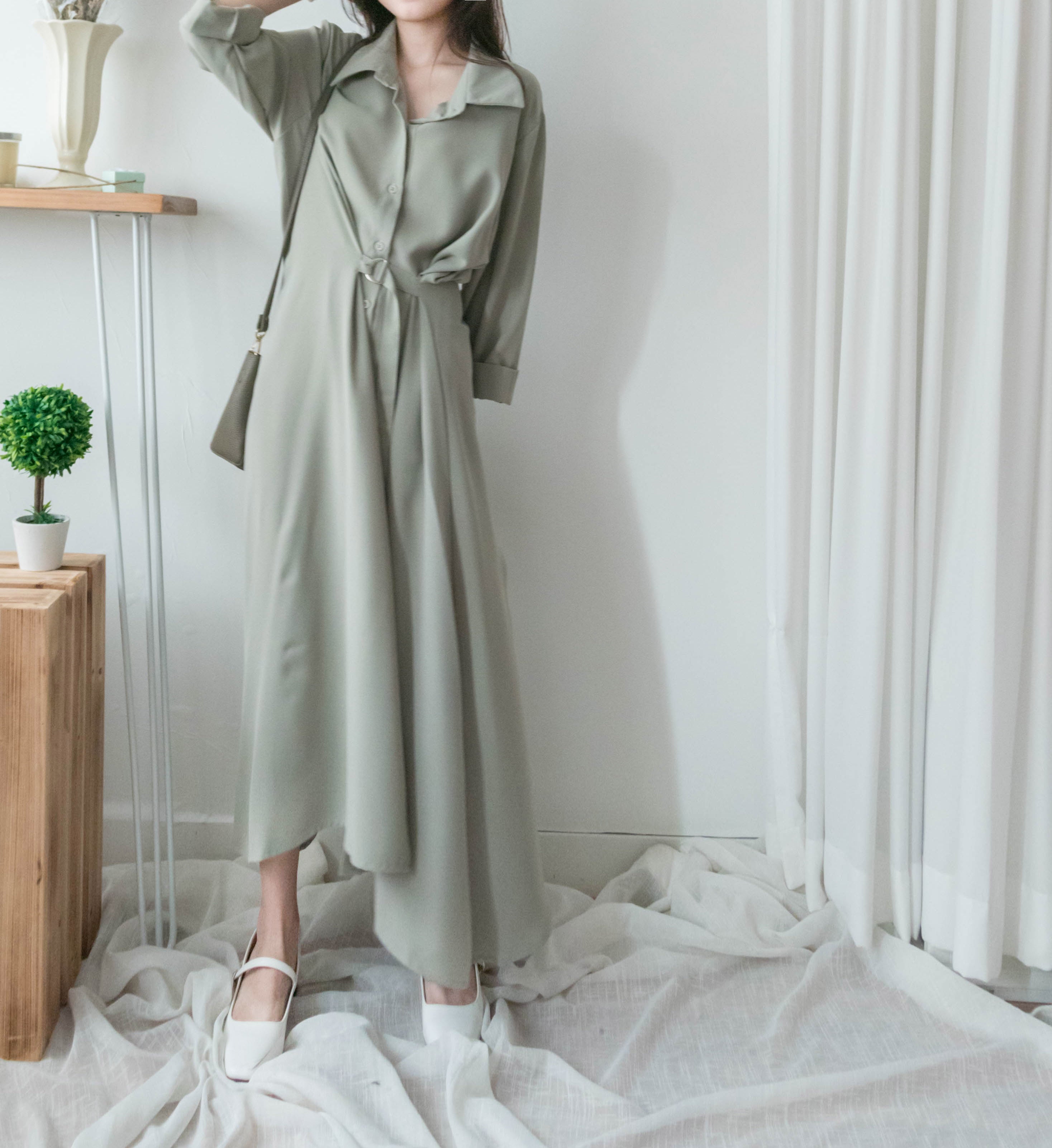 Mint Shirt 薄荷綠側修腰飄逸裙擺恤衫裙, Dress/ DS9344
