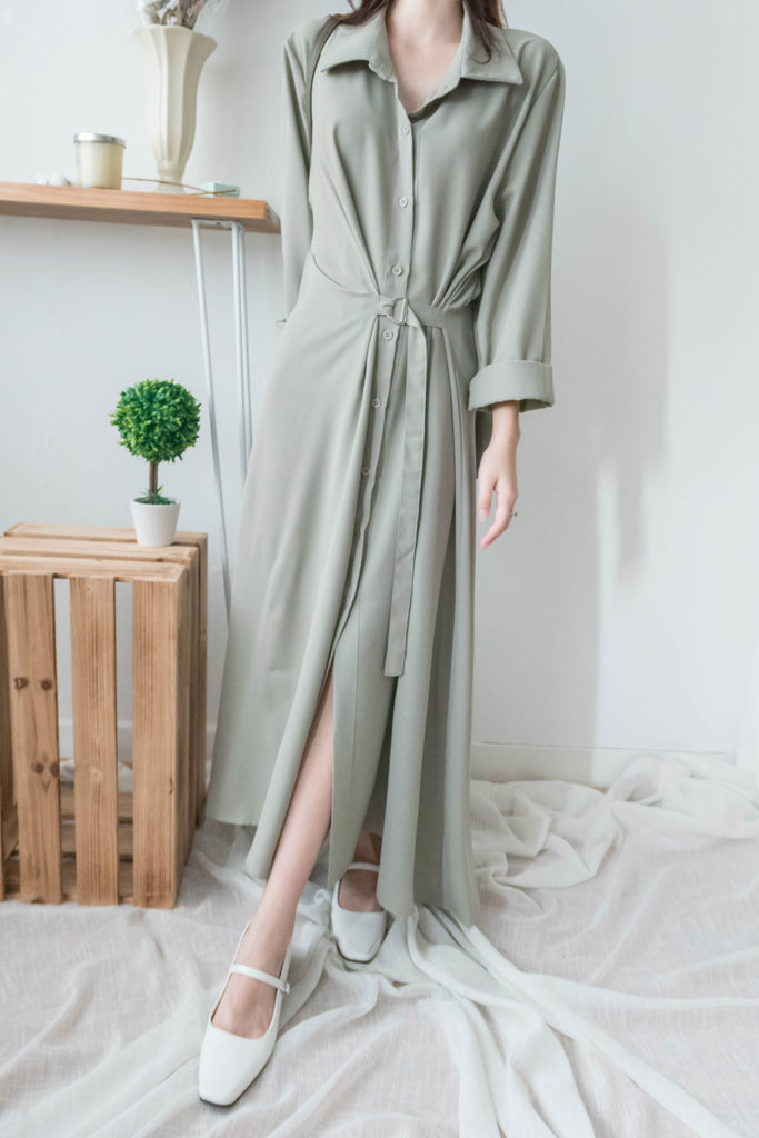 Mint Shirt 薄荷綠側修腰飄逸裙擺恤衫裙, Dress/ DS9344