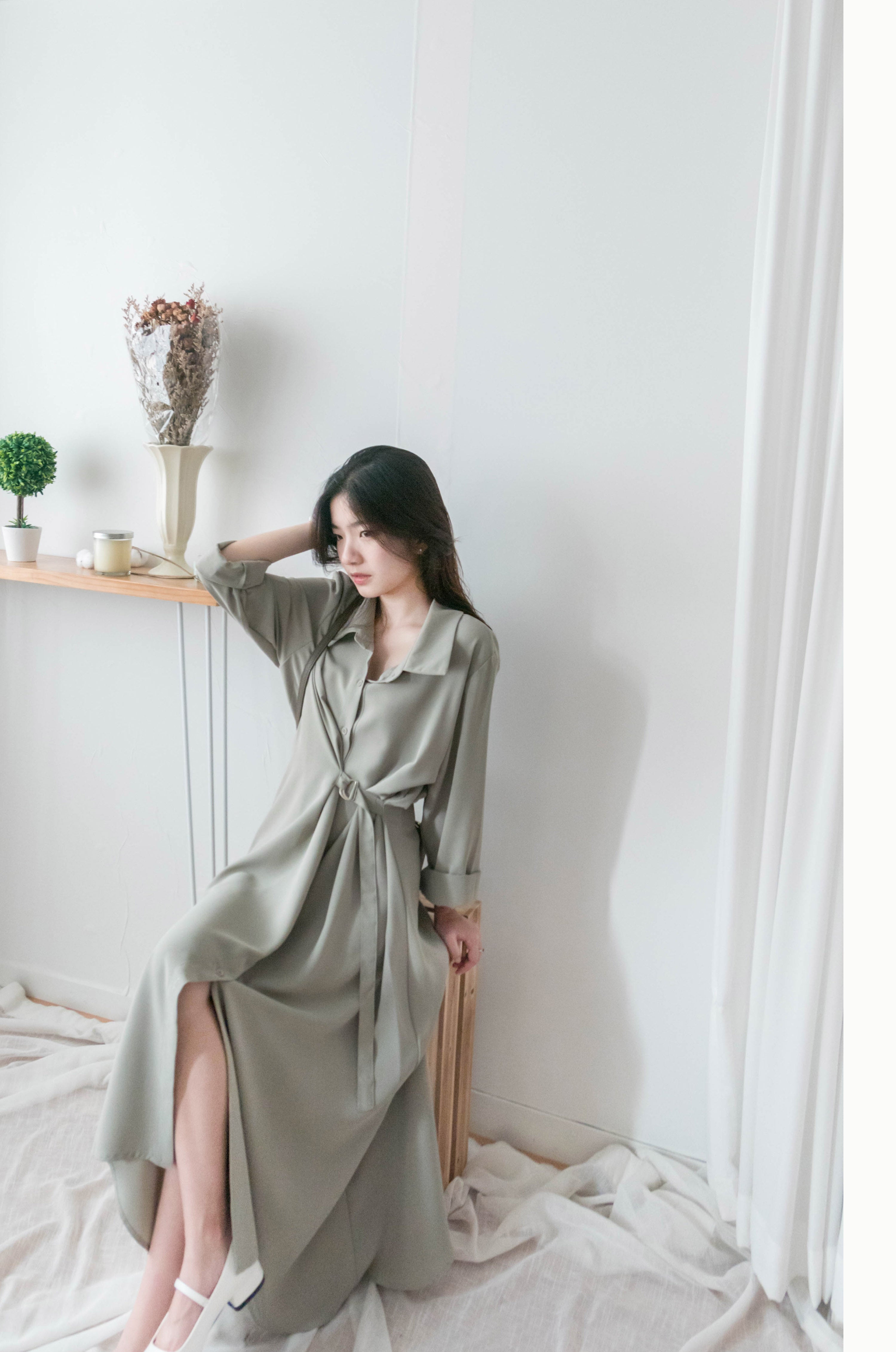 Mint Shirt 薄荷綠側修腰飄逸裙擺恤衫裙, Dress/ DS9344