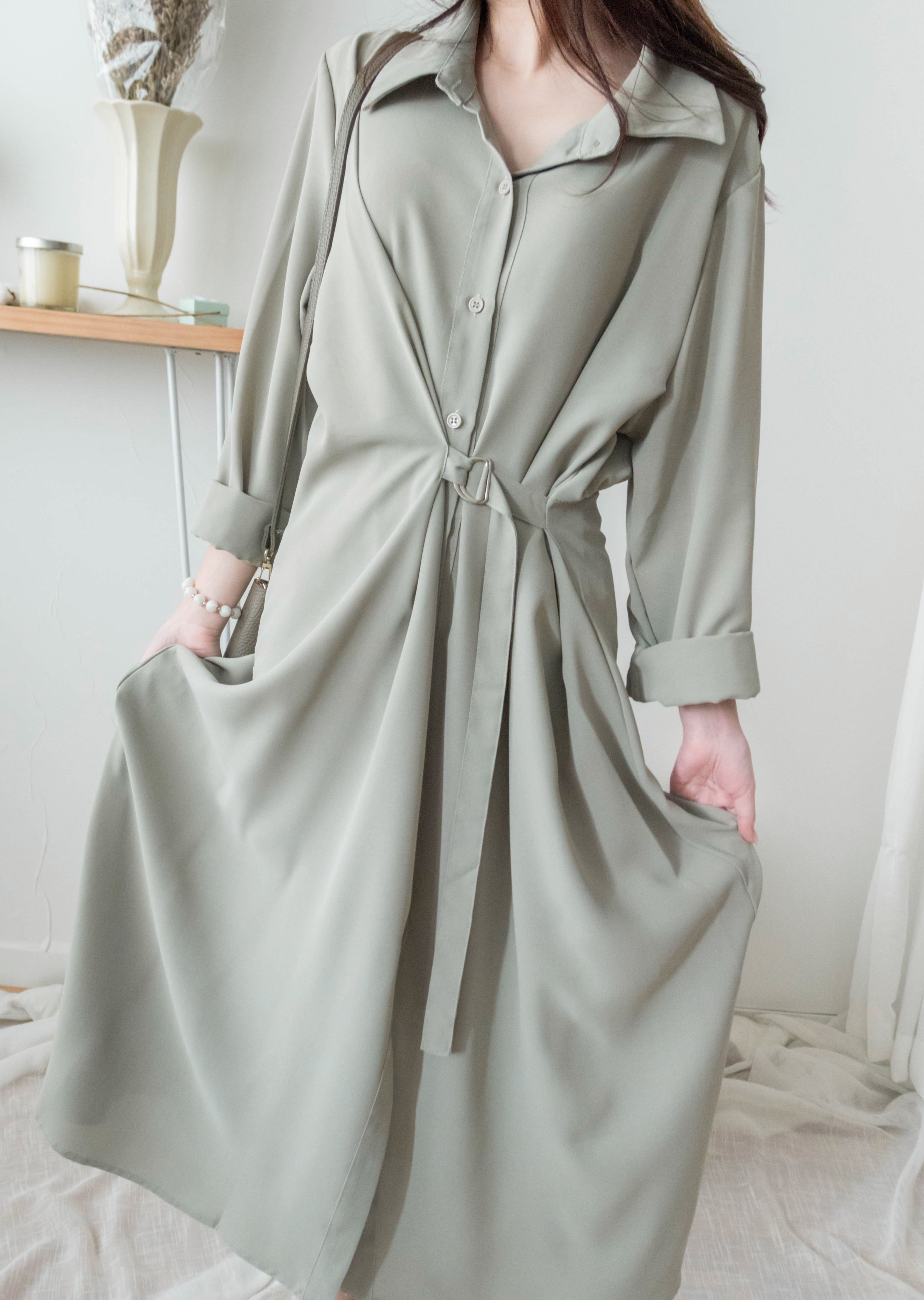 Mint Shirt 薄荷綠側修腰飄逸裙擺恤衫裙, Dress/ DS9344