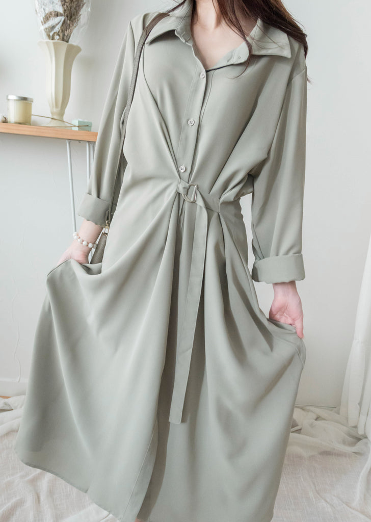 Mint Shirt 薄荷綠側修腰飄逸裙擺恤衫裙, Dress/ DS9344