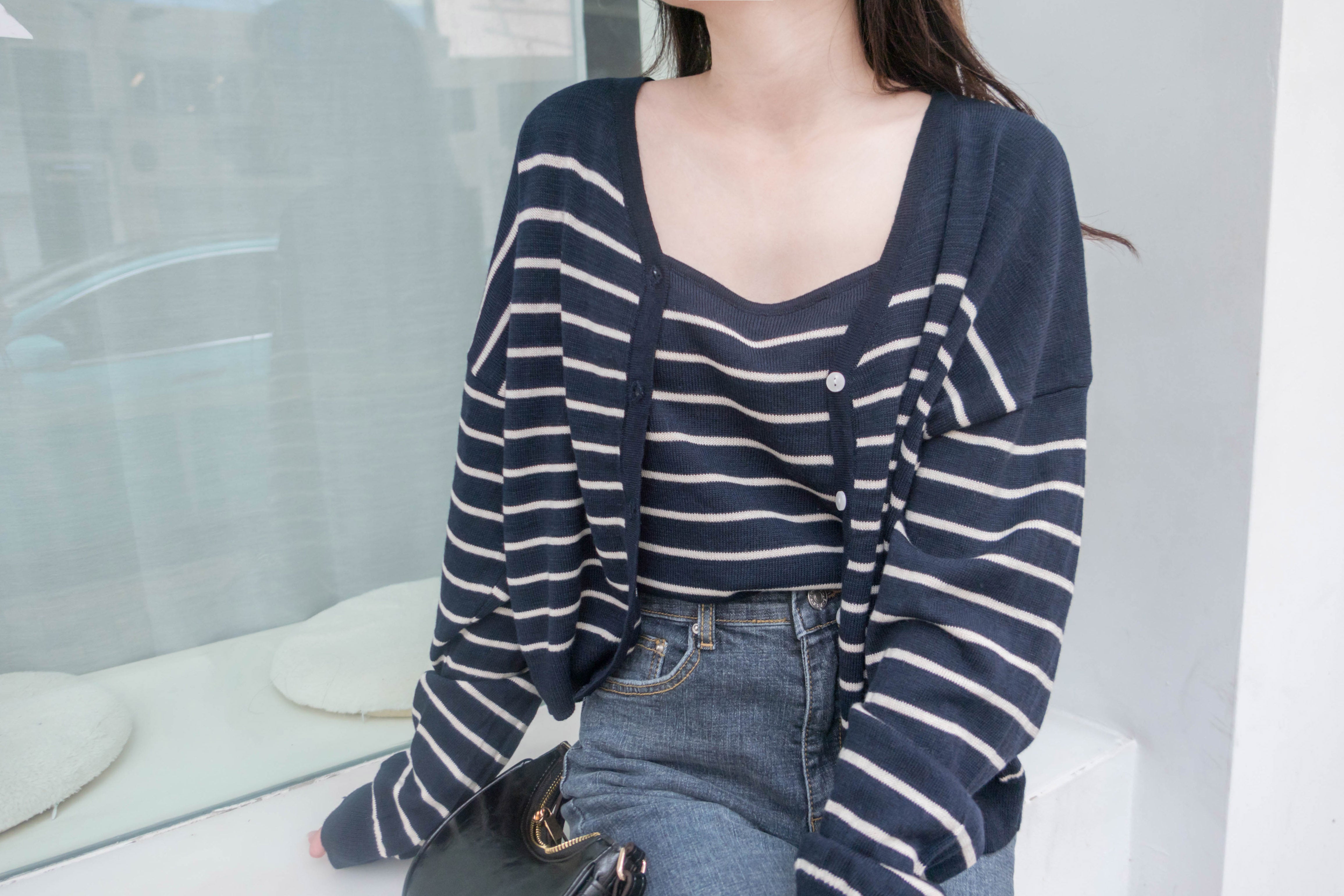 Stripe Set 棉線料平領吊帶連外套, Set/ TP8902 (ivory sold out)
