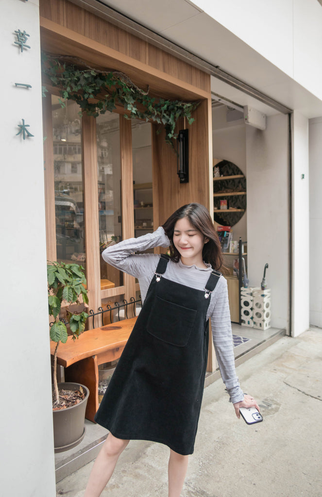 Jumpdress 黑色條紋登芯絨工人裙, Dress/ DS9334