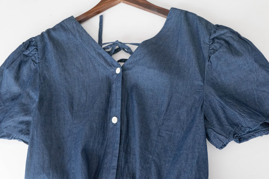 Denim Ribbon 後橡筋蝴蝶腰間車皺牛仔裙, Dress/ DS9338 (售完即止款)