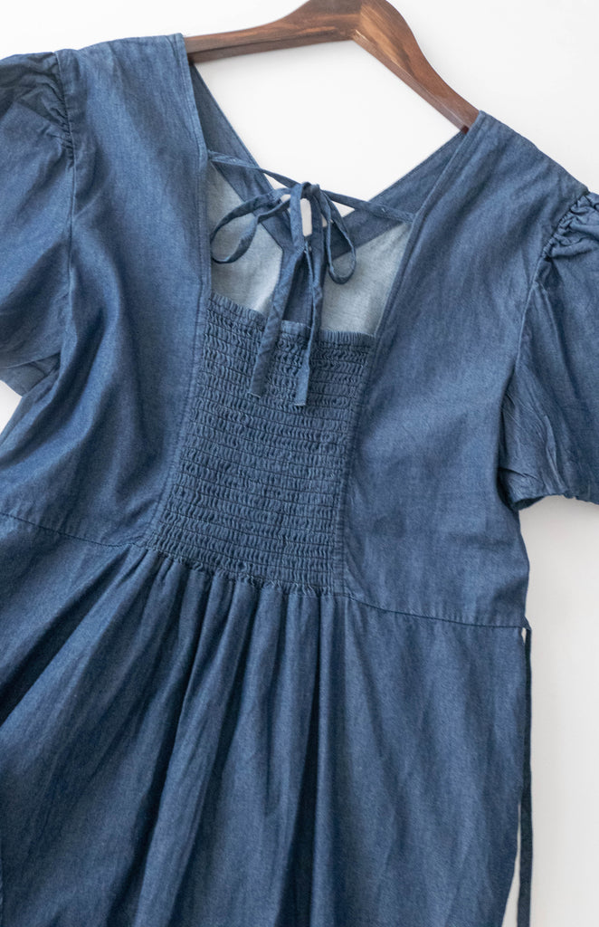 Denim Ribbon 後橡筋蝴蝶腰間車皺牛仔裙, Dress/ DS9338 (售完即止款)