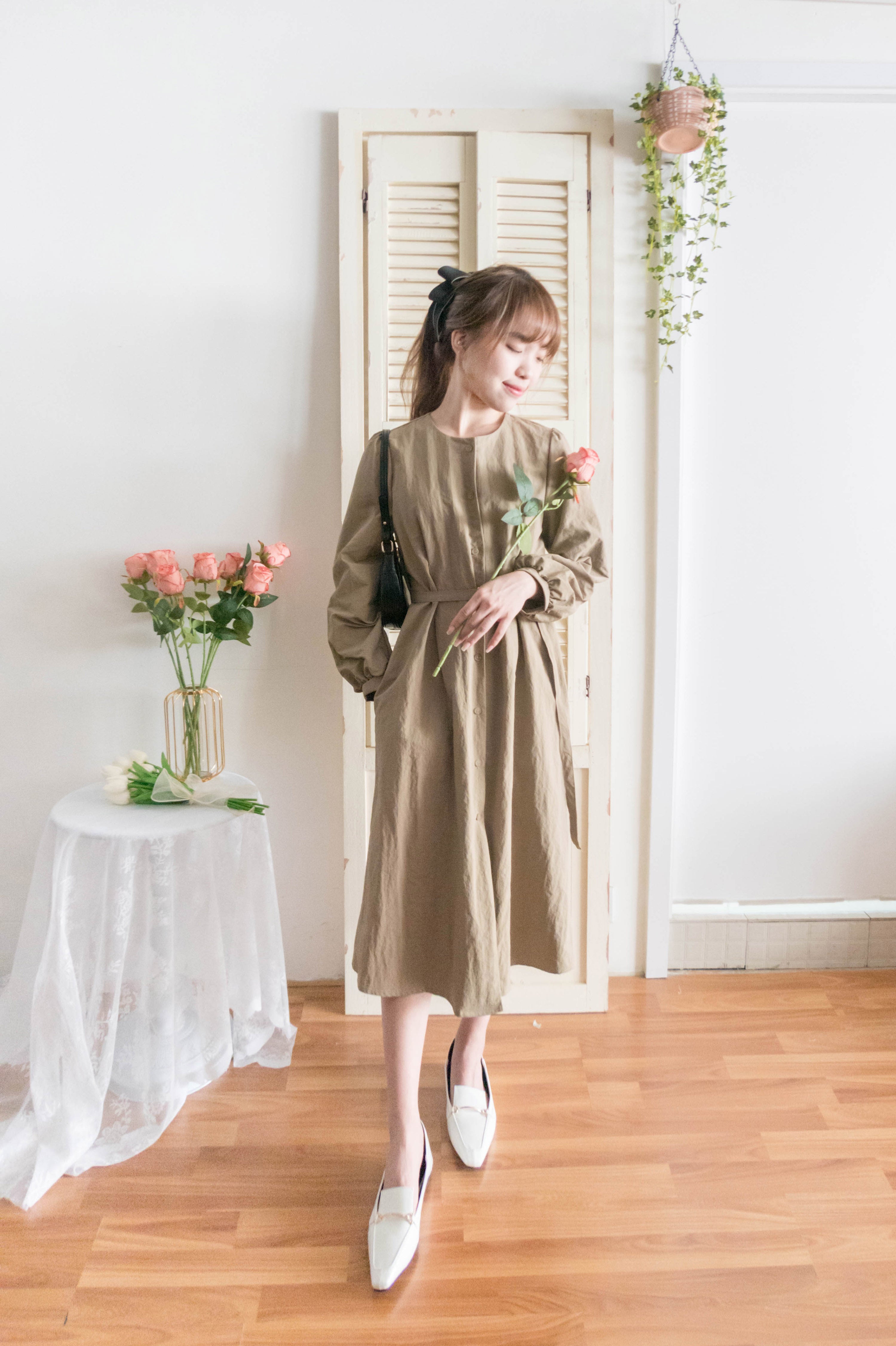 Hazelnut 半月腰帶杏色口袋修腰連身裙或外套, Dress & Outer /DS9343