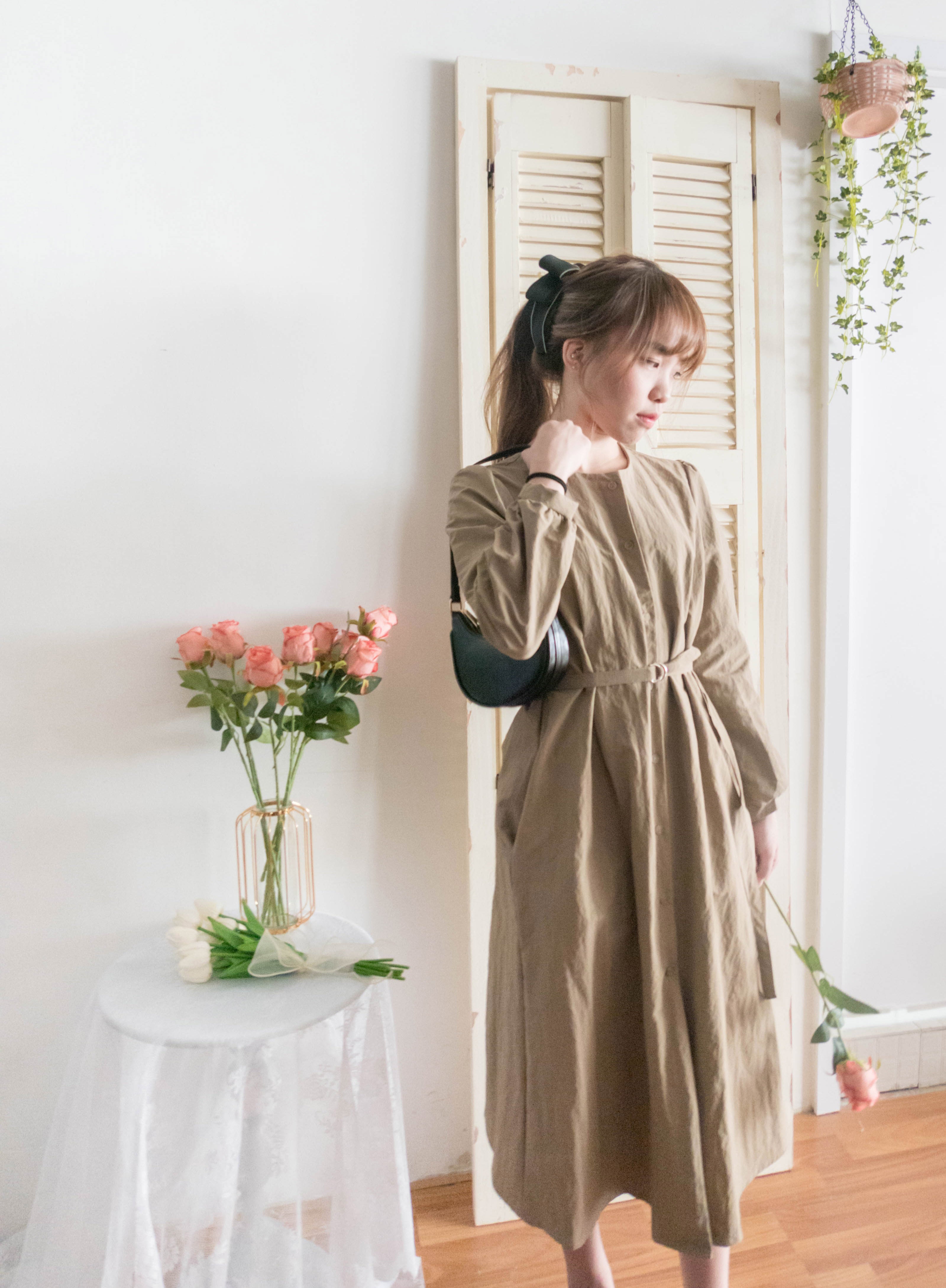 Hazelnut 半月腰帶杏色口袋修腰連身裙或外套, Dress & Outer /DS9343