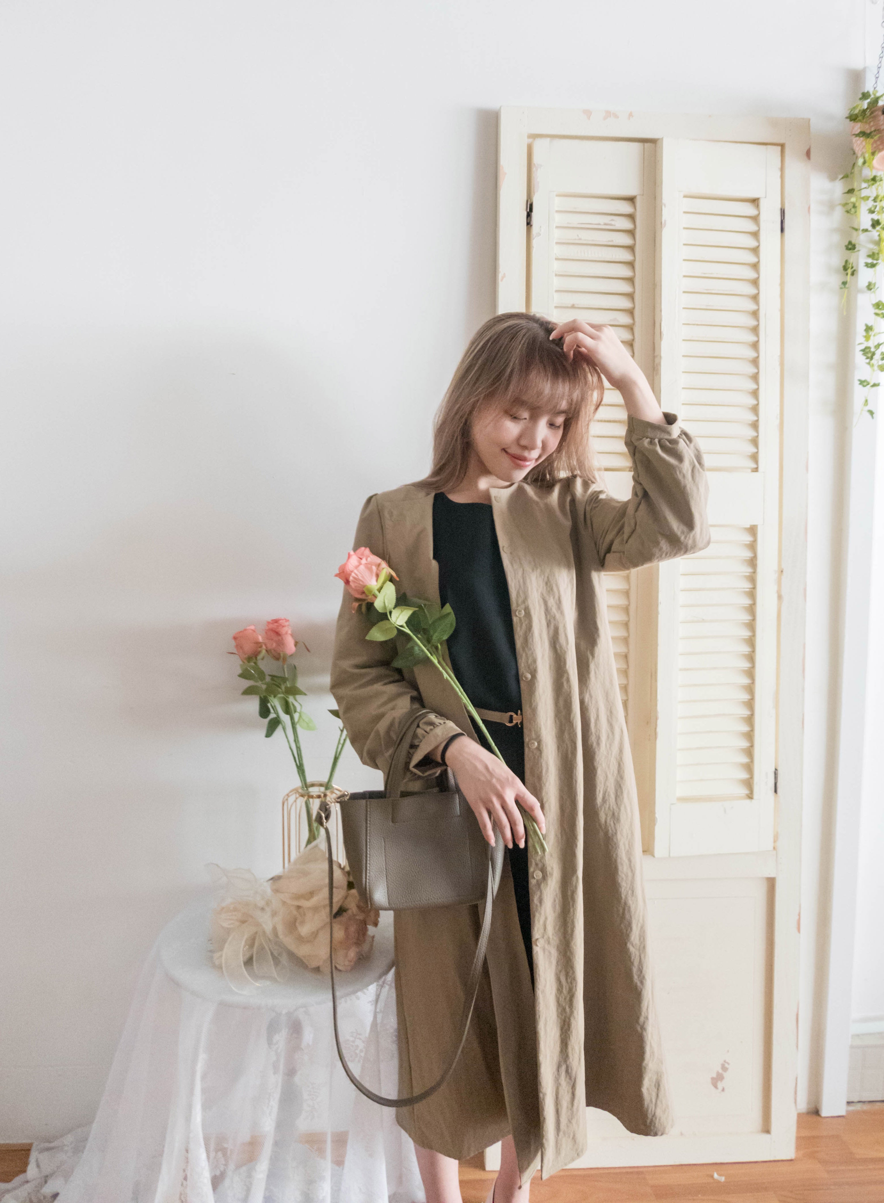 Hazelnut 半月腰帶杏色口袋修腰連身裙或外套, Dress & Outer /DS9343