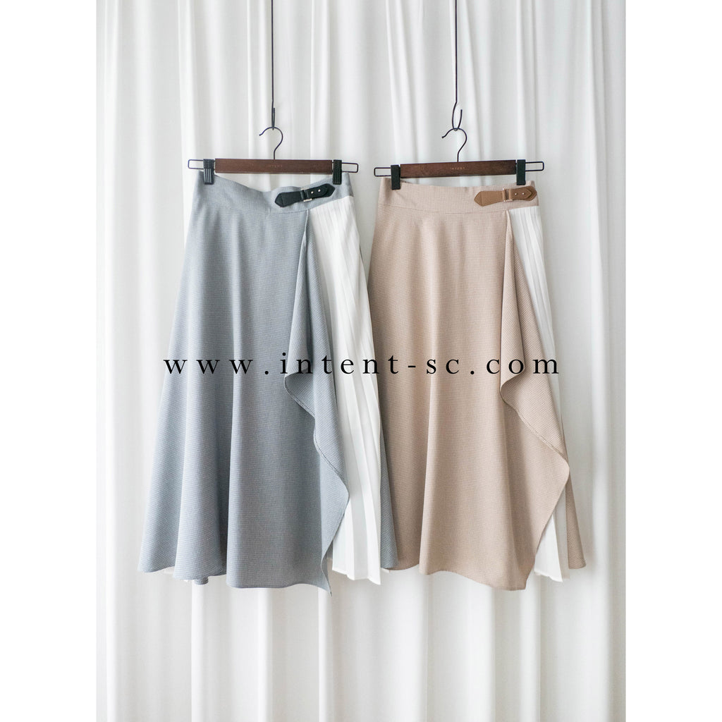 Spliced Chiffon 雪紡飄逸格子拼百褶假側腰帶半身裙, Skirt/ SK8744