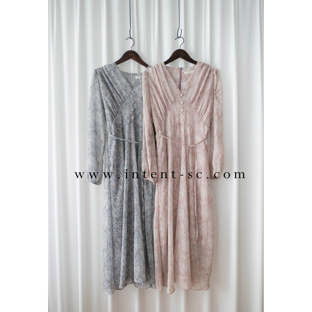 Marble Floral 雲石花花菱格腰間鈕扣後橡筋, Dress/ DS9347