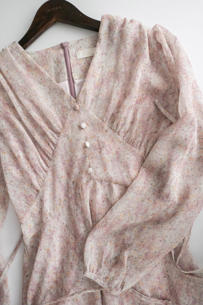 Marble Floral 雲石花花菱格腰間鈕扣後橡筋, Dress/ DS9347