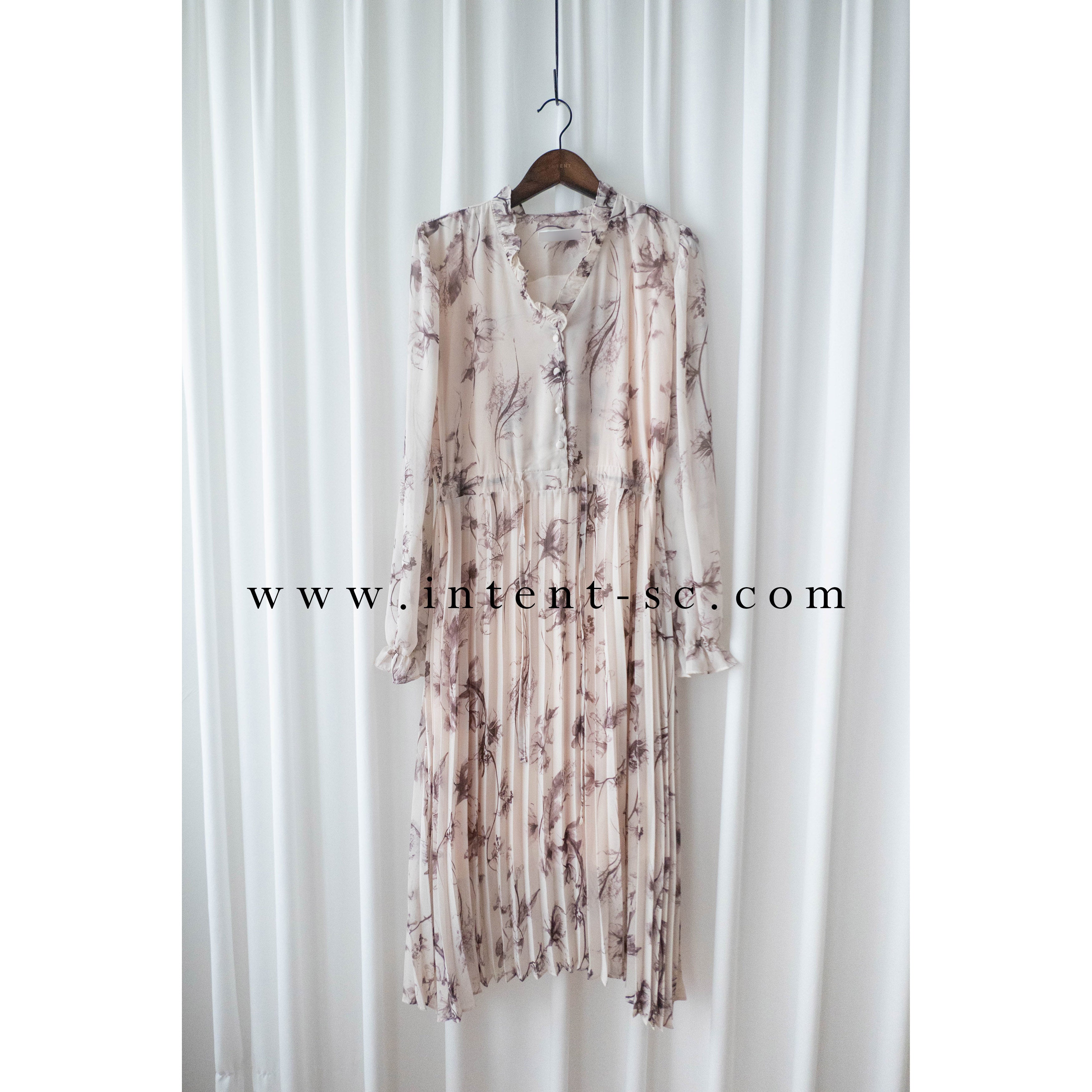 Shadow Chiffon 花邊領口影子印花百褶傘形運身裙, Dress/ DS9353