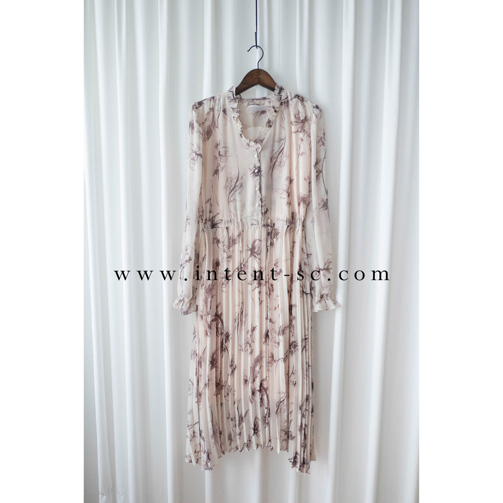 Shadow Chiffon 花邊領口影子印花百褶傘形運身裙, Dress/ DS9353