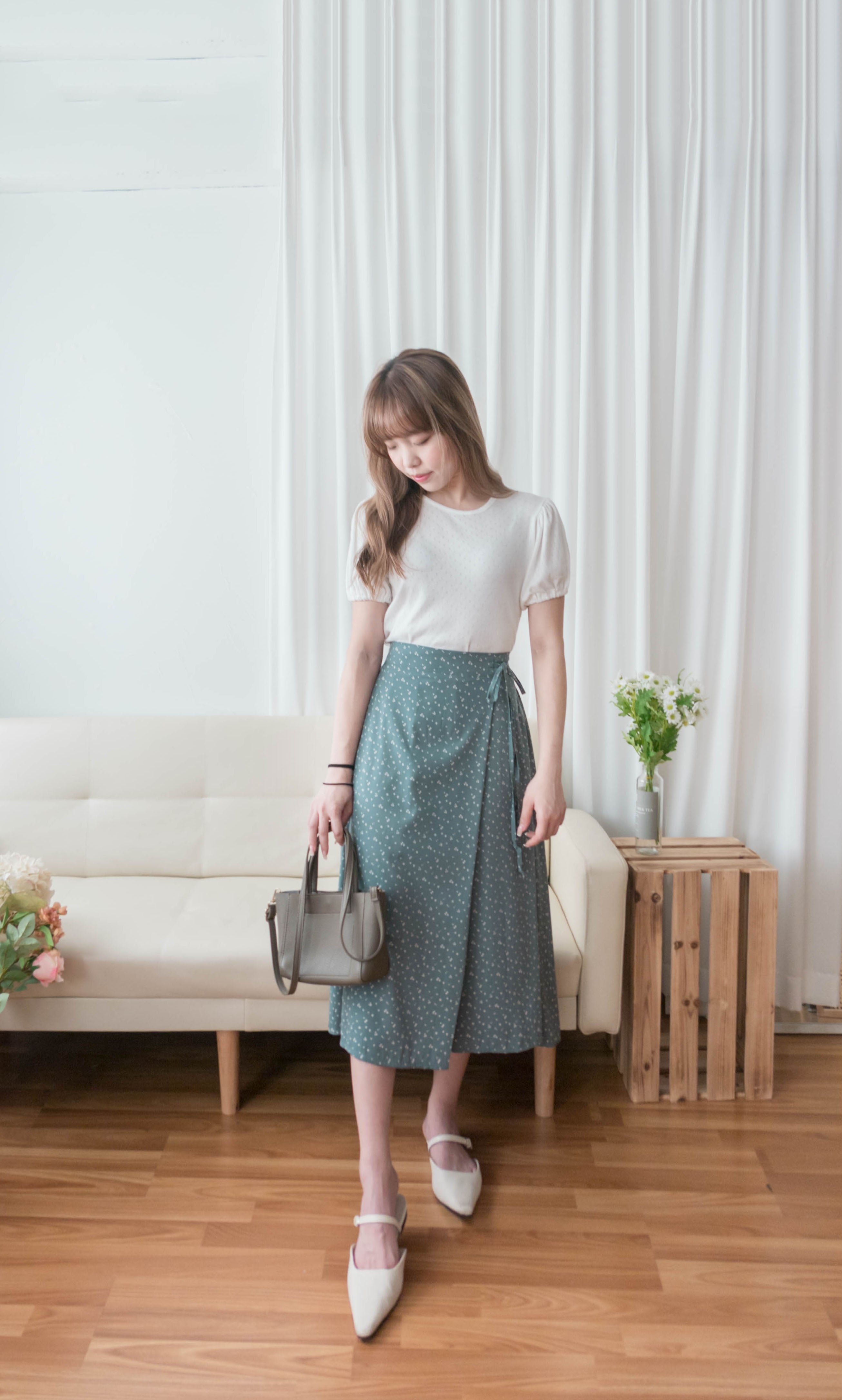 Floral Ribbon 湖海綠白色小花側蝴蝶, Skirt/ SK8750