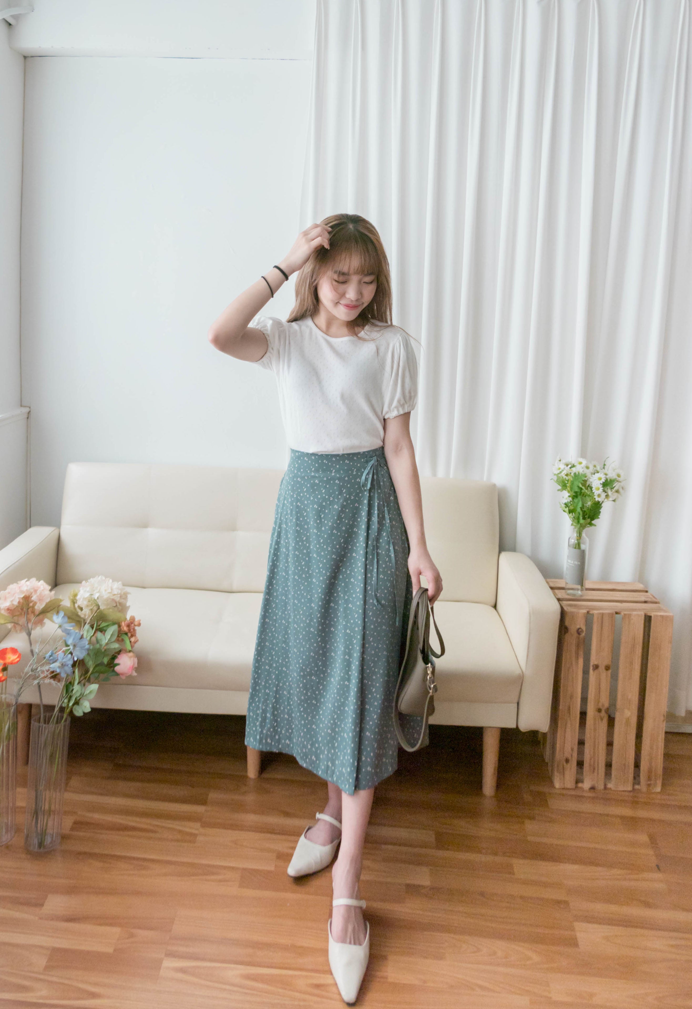Floral Ribbon 湖海綠白色小花側蝴蝶, Skirt/ SK8750