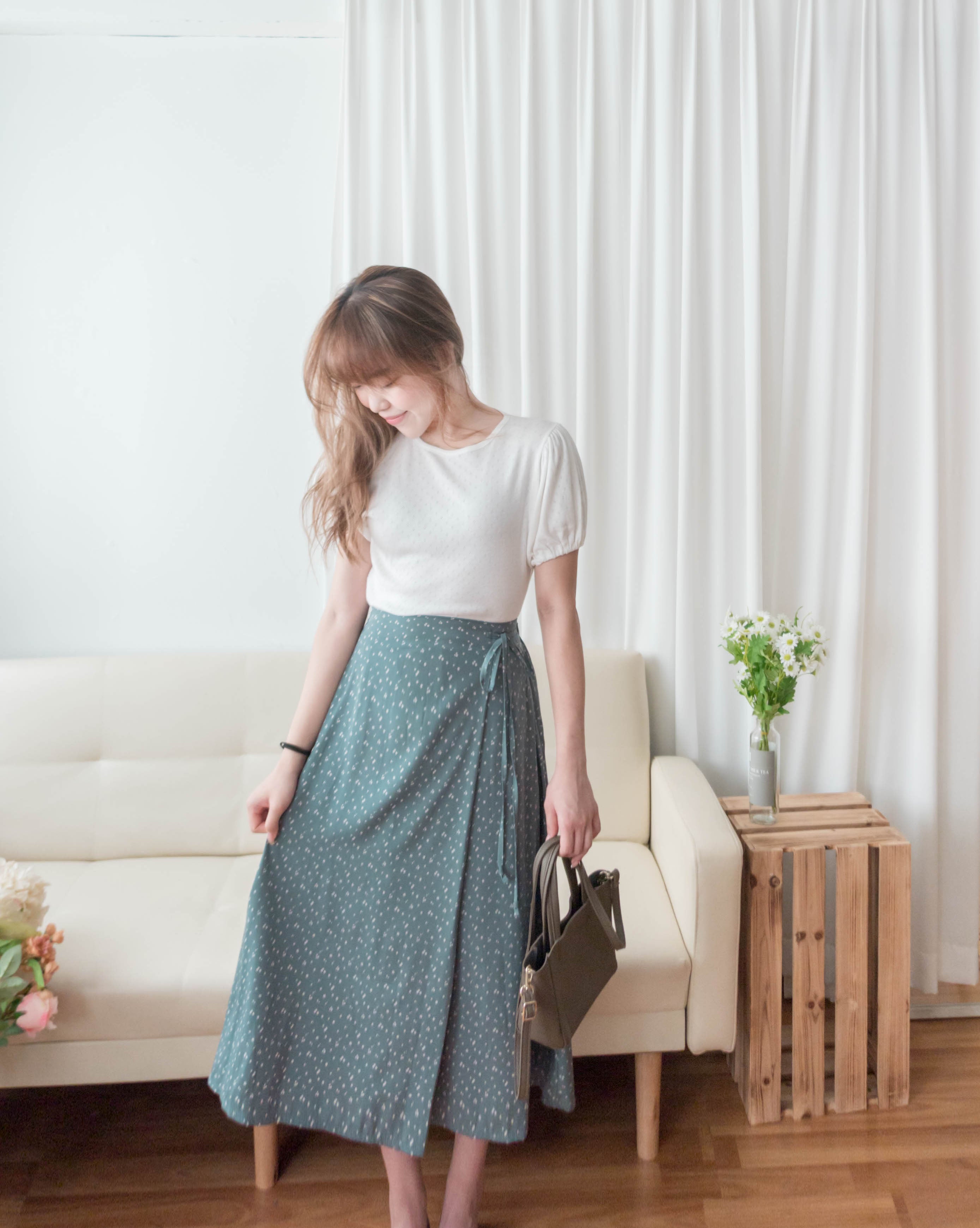 Floral Ribbon 湖海綠白色小花側蝴蝶, Skirt/ SK8750