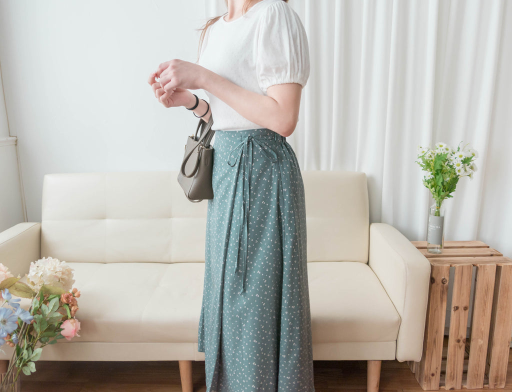Floral Ribbon 湖海綠白色小花側蝴蝶, Skirt/ SK8750