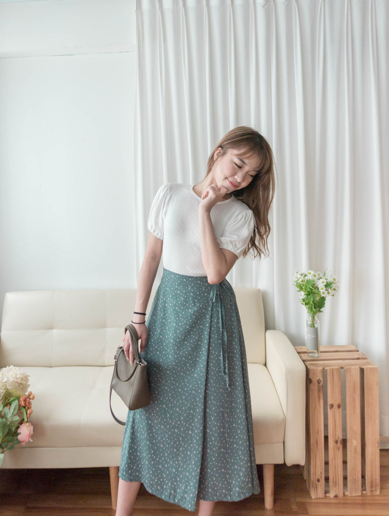 Floral Ribbon 湖海綠白色小花側蝴蝶, Skirt/ SK8750