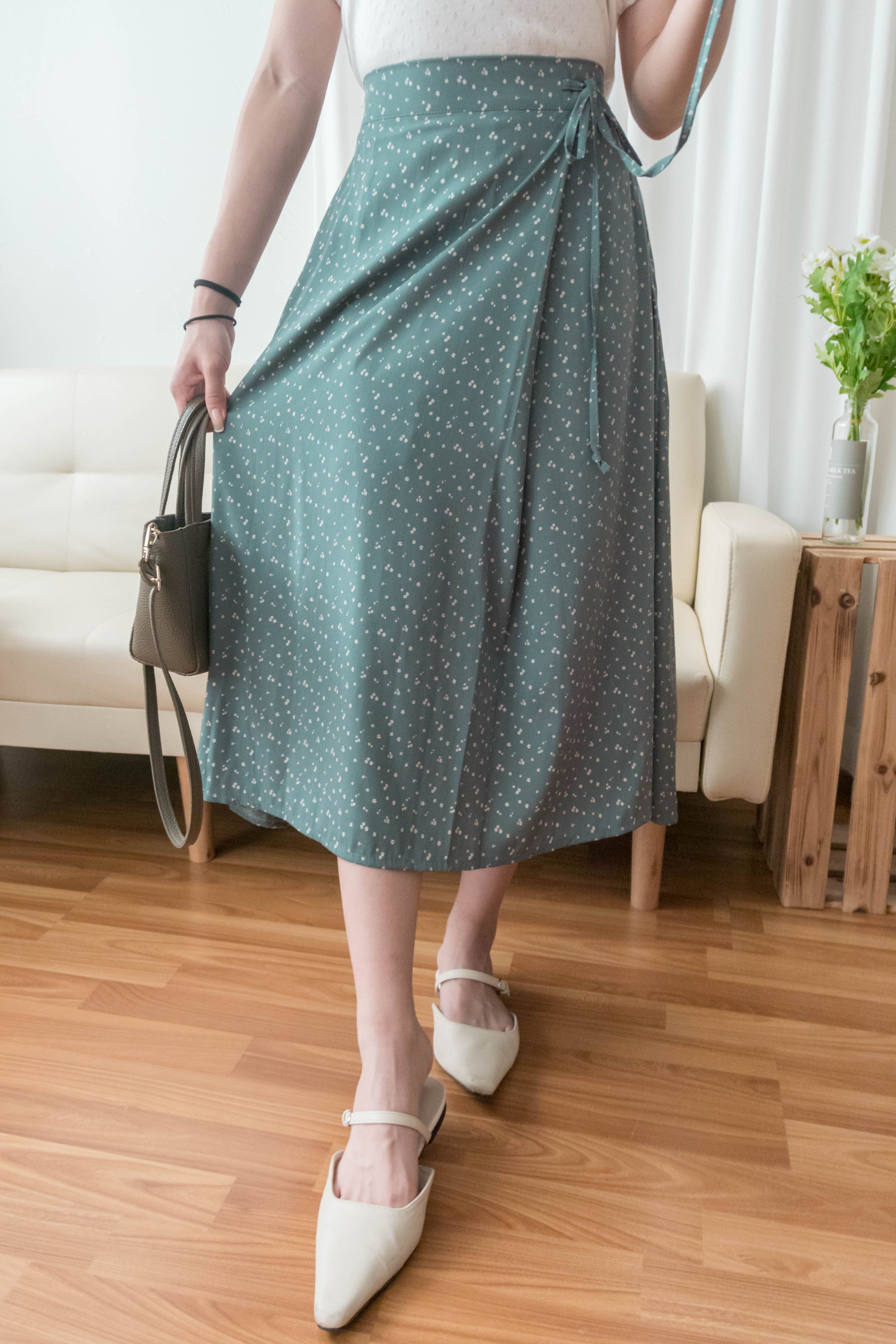 Floral Ribbon 湖海綠白色小花側蝴蝶, Skirt/ SK8750