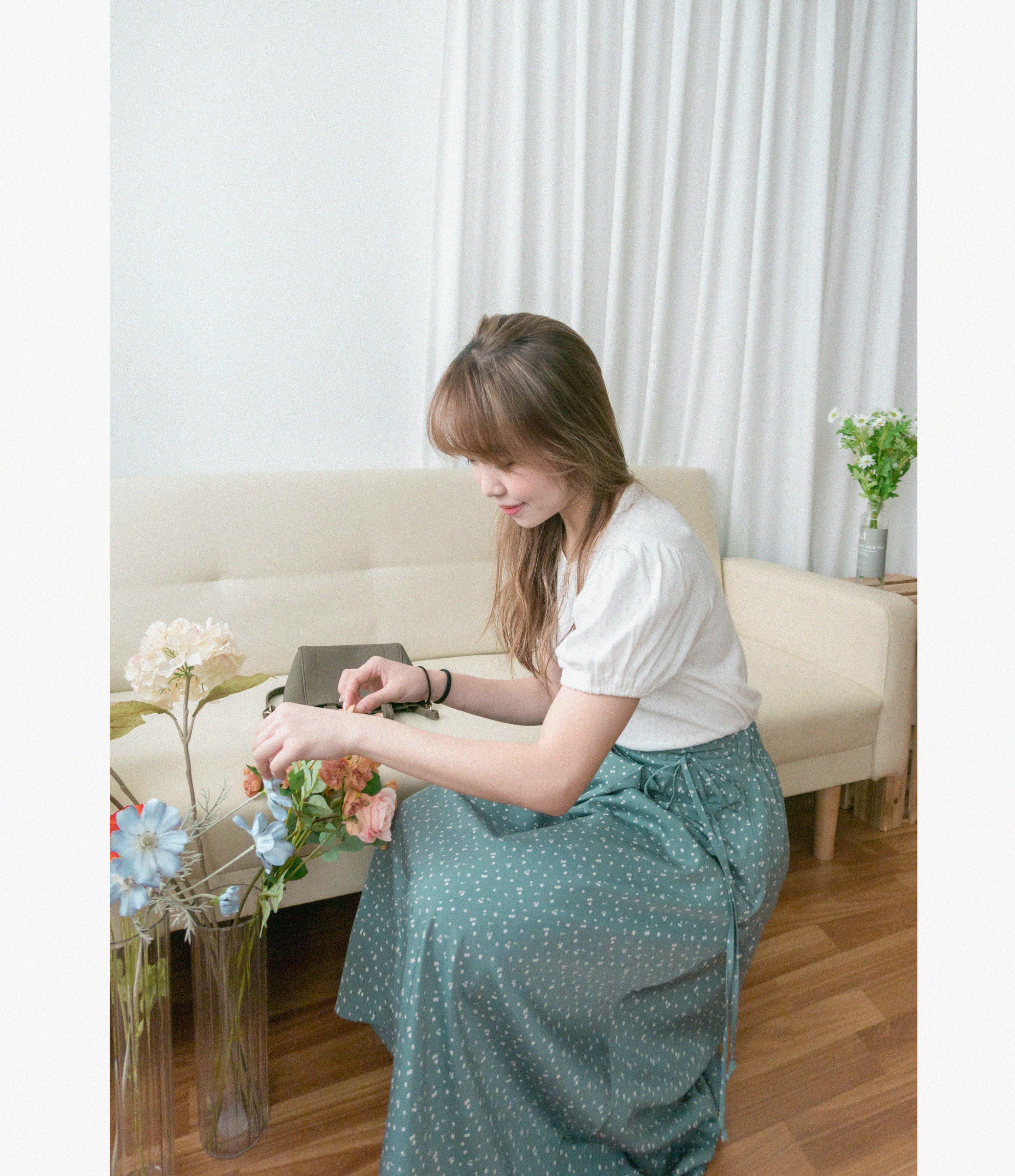 Floral Ribbon 湖海綠白色小花側蝴蝶, Skirt/ SK8750