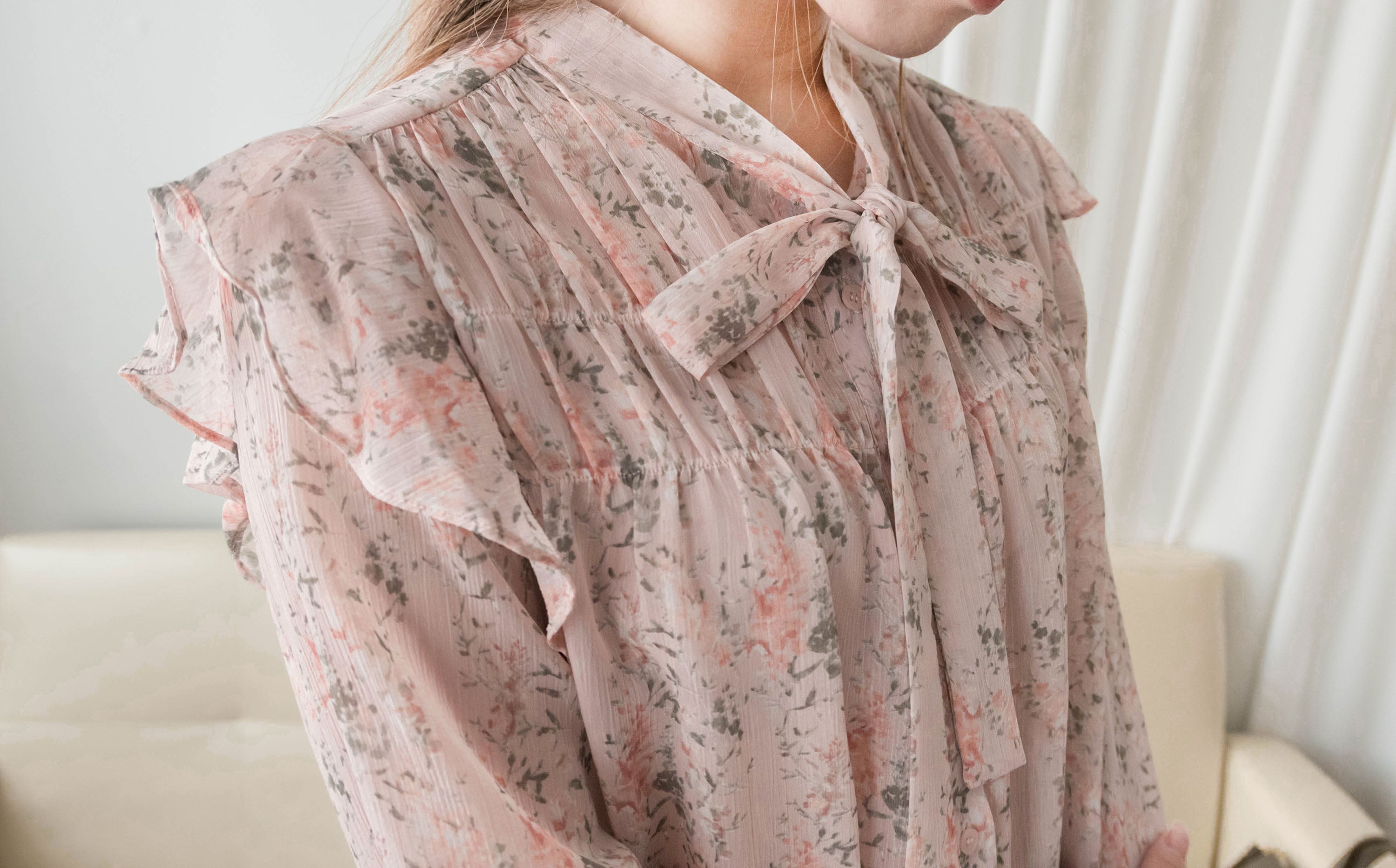 Soft Pink 氧氣感微粉色印花雪紡上衣, Blouse/ BU8976