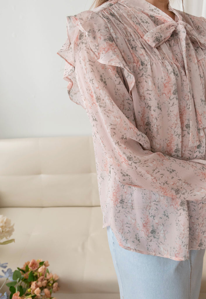 Soft Pink 氧氣感微粉色印花雪紡上衣, Blouse/ BU8976